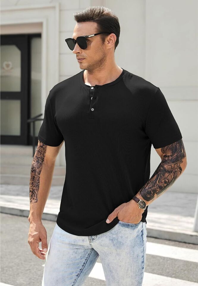 Men’s Muscle Slim Henley Shirts Crewneck Longline Athletic Gym Workout