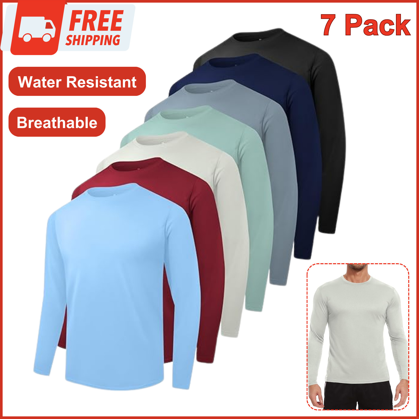 7 Pack Men Dry Fit Workout Long Sleeve Athletic Gym, UPF SPF UV Sun Protection