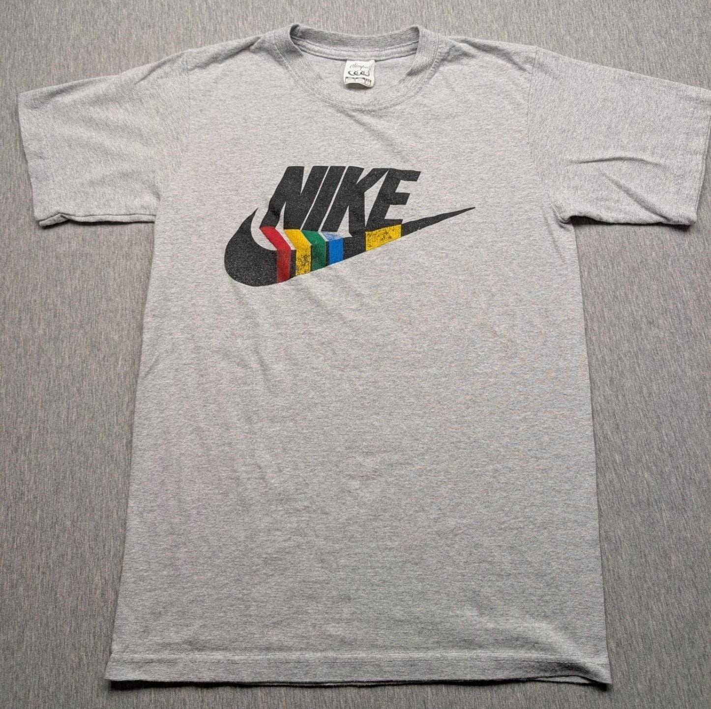 Vintage Nike Gray T-Shirt with Retro Multi-Colored Graphic Swoosh Logo