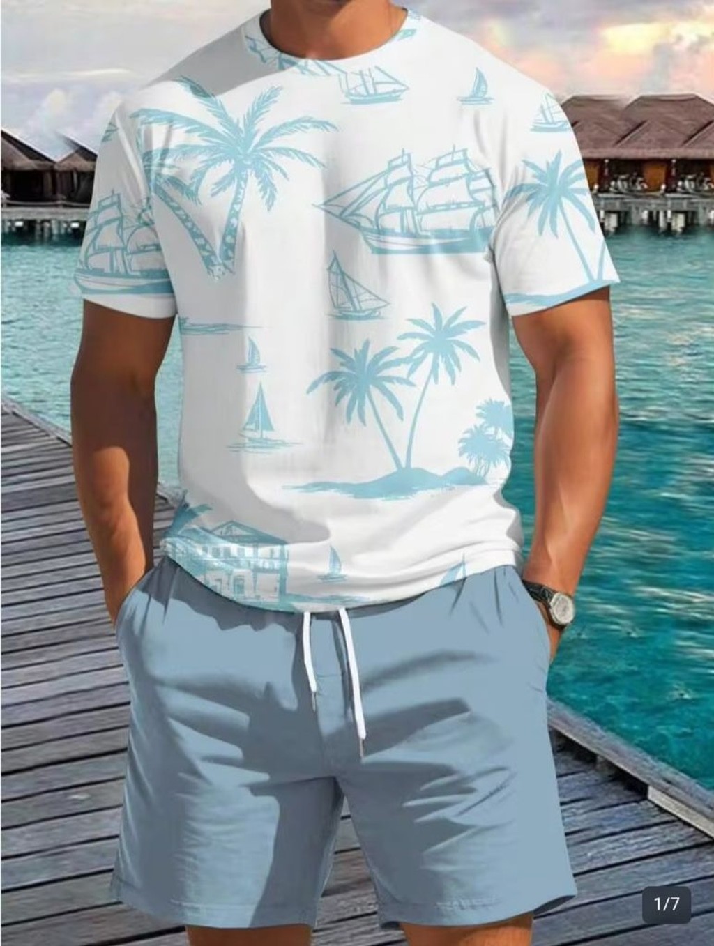 Men’s Manfinity Short Sleeve Tee XXL White Blue Palm Tree & Sailboat Print