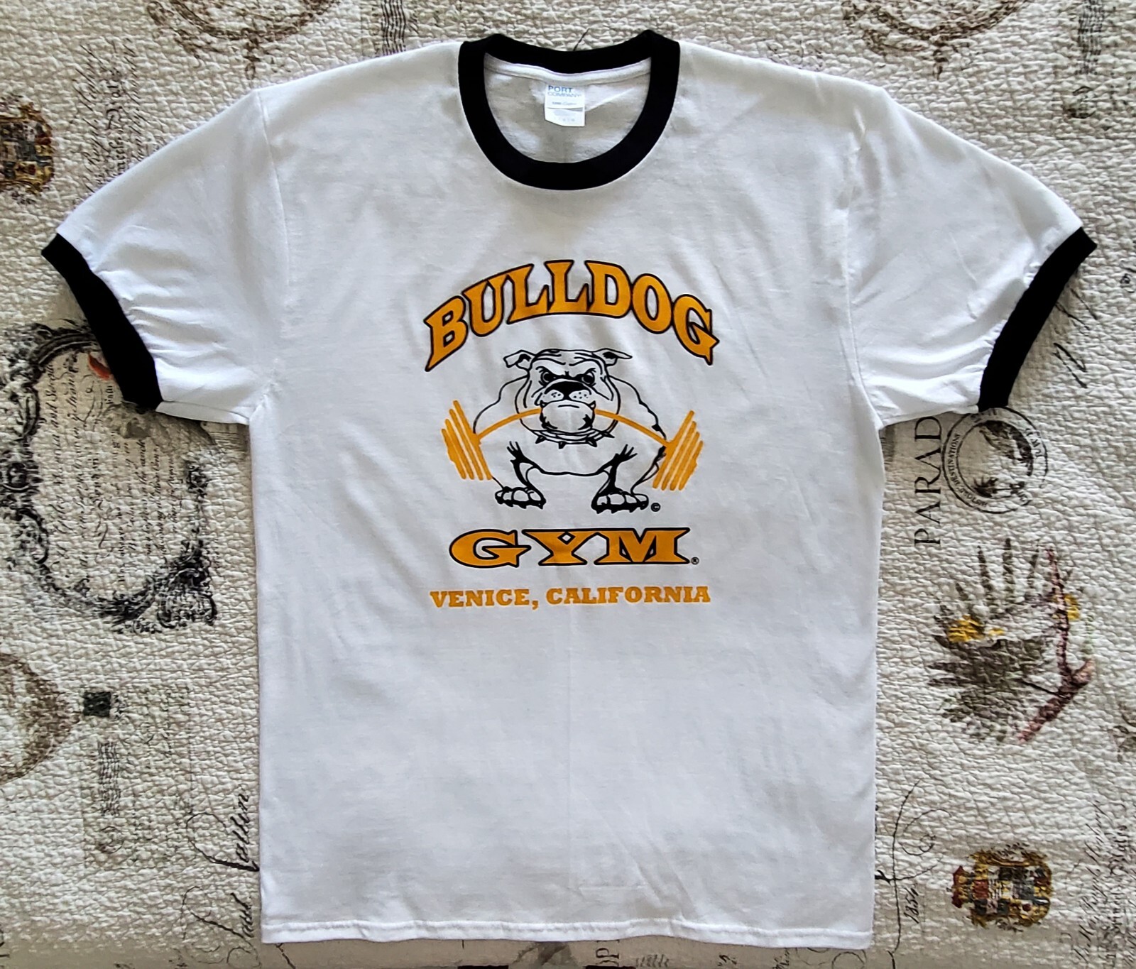 Bulldog Gym Venice Beach California White / Black / Vintage Gold Ringer T-Shirt