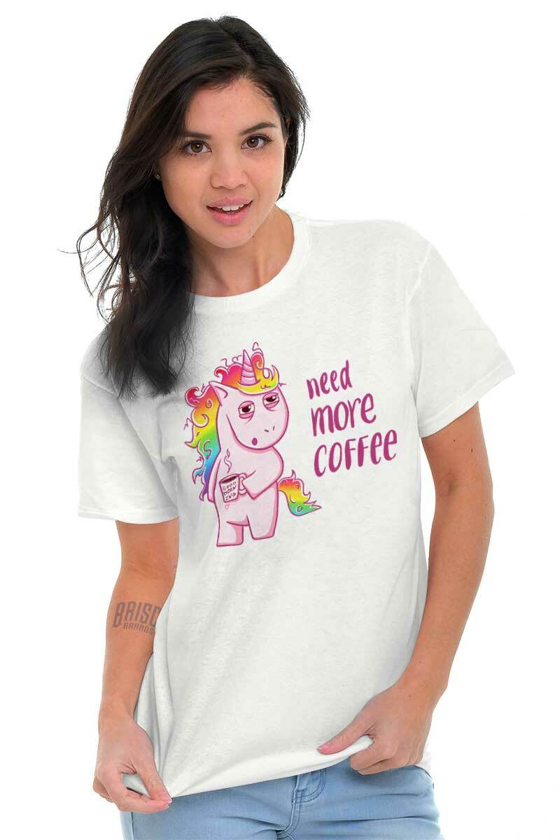 Funny Tired Unicorn Need More Coffee Joke Womens Graphic Crewneck T Shirt Tee