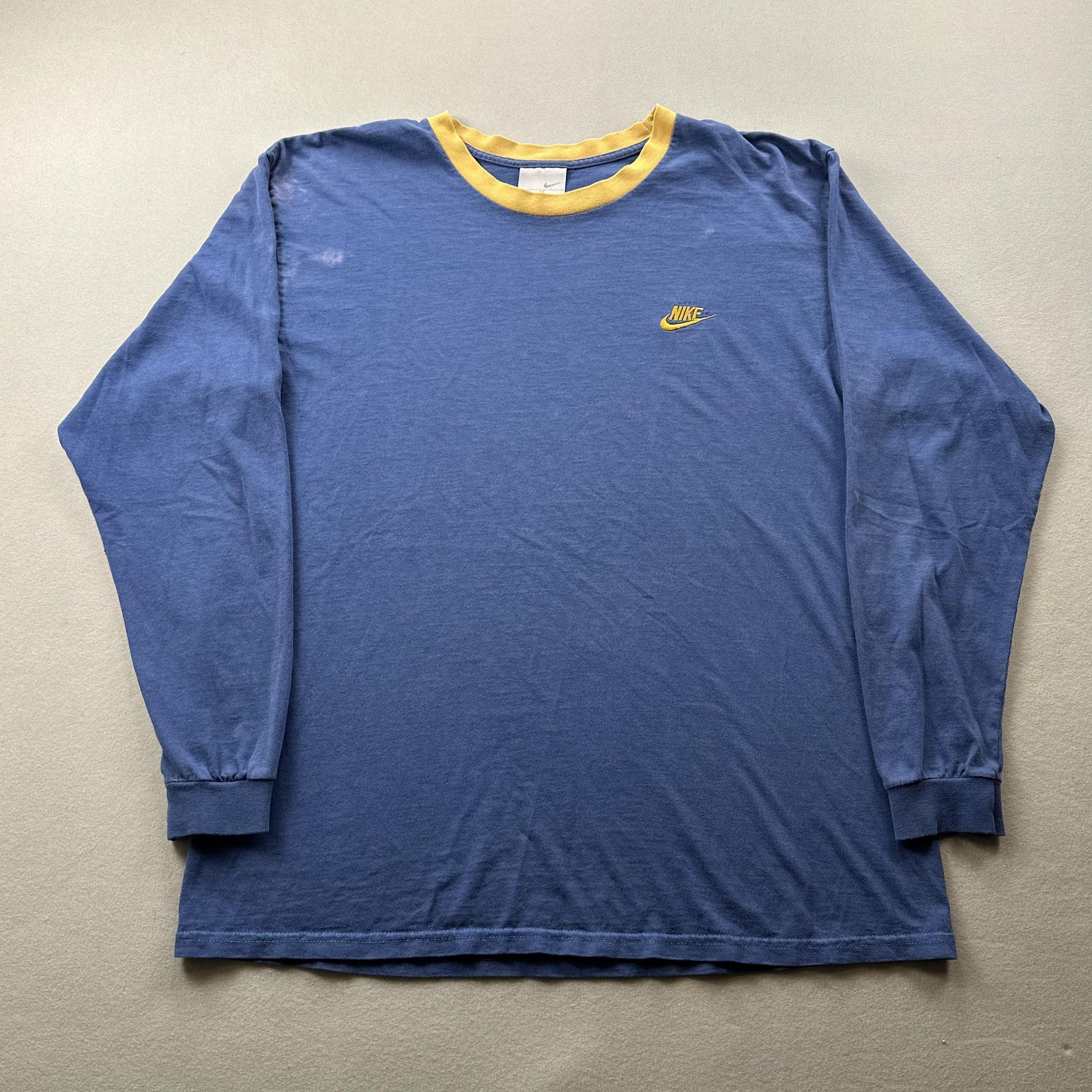 Vintage Nike T-Shirt Mens Medium Blue Yellow Swoosh Spell Out Long Sleeve y2k
