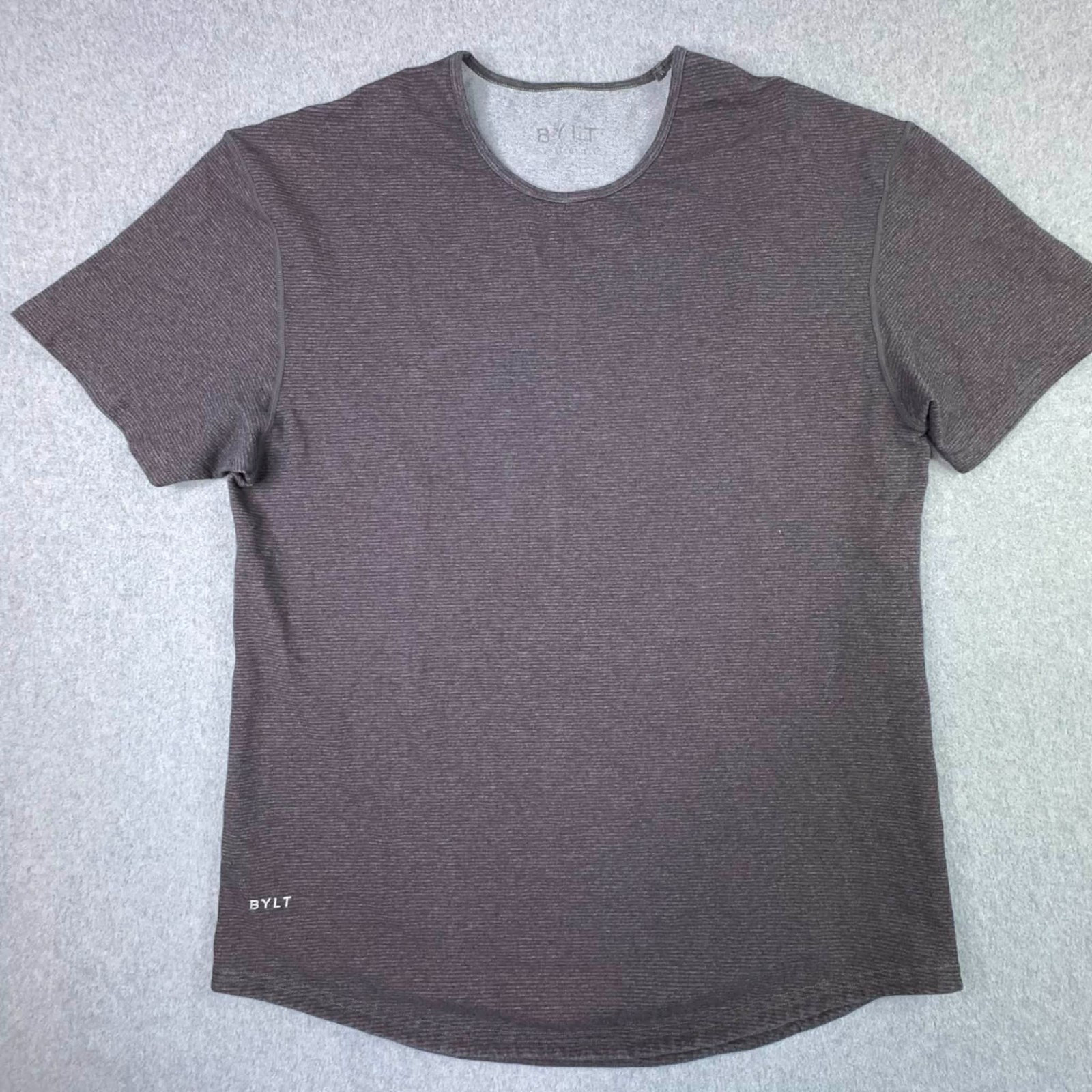 BYLT Drop Cut Lux T-Shirt Mens S Short Sleeve Crewneck MicroStripe Gray Red