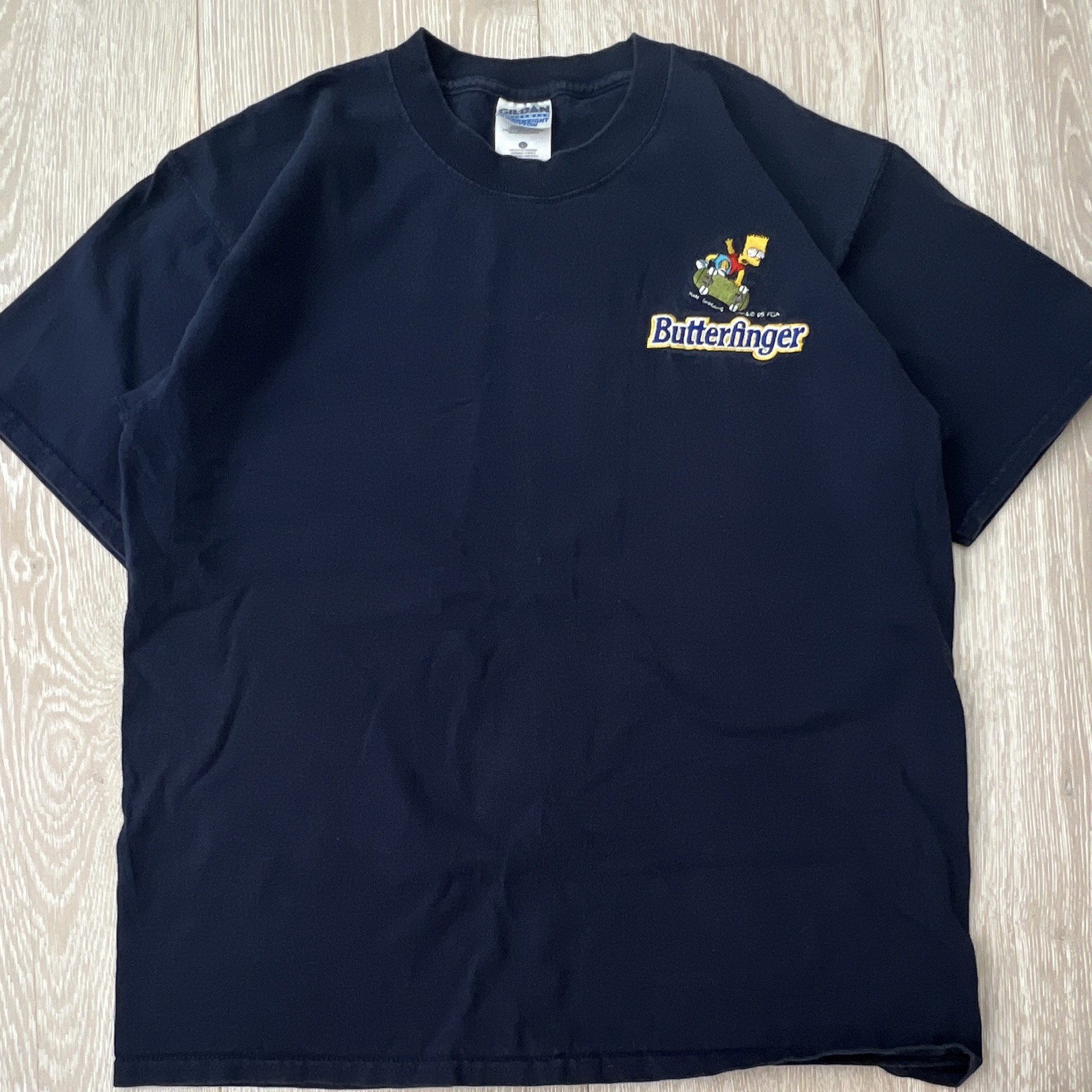 Bart Simpson Butterfinger 90s Embroidered Logo Navy Cotton Gildan Tshirt L