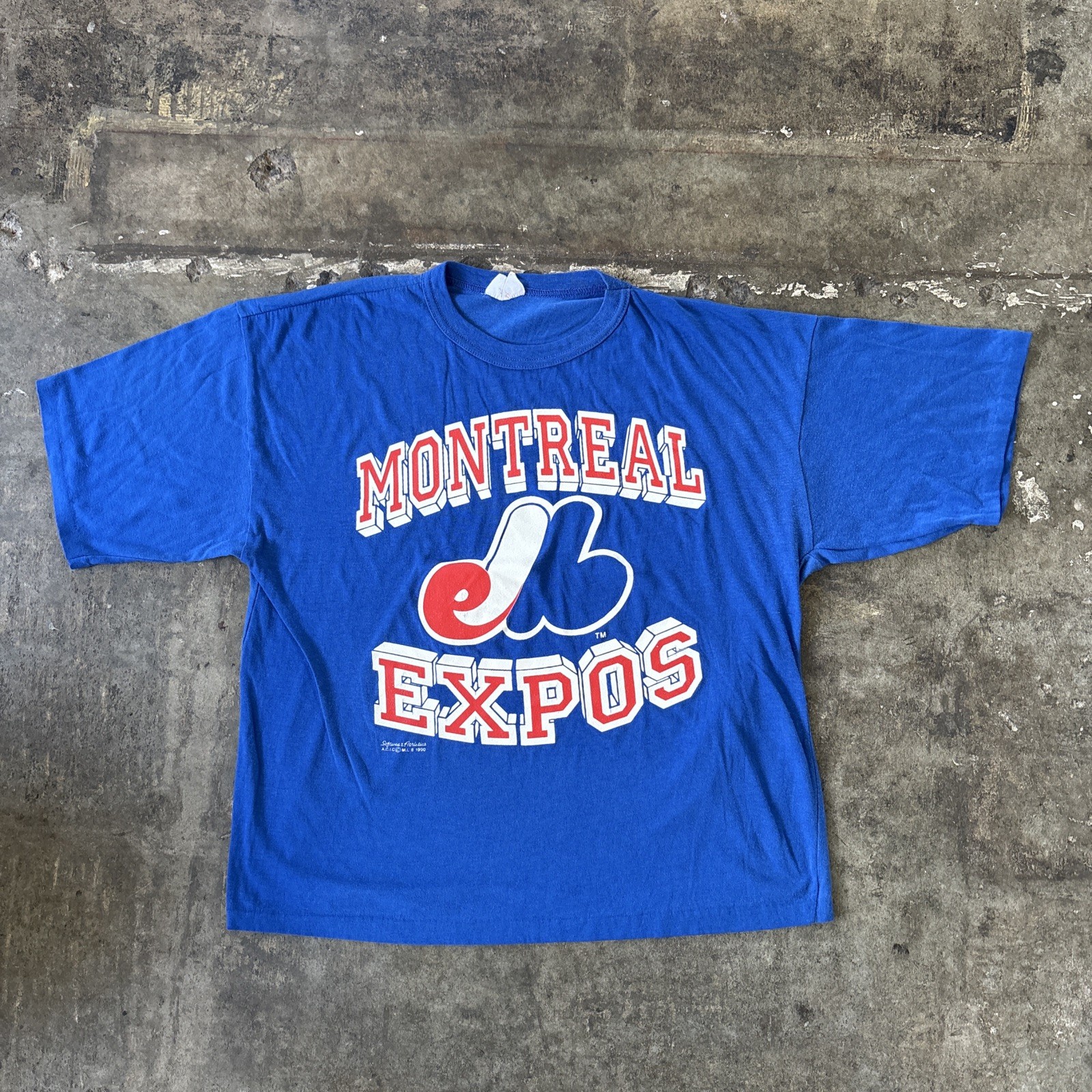 Vintage 1990 Montréal Expos Baseball T-Shirt, MLB Baseball Expos Tee Med Blue