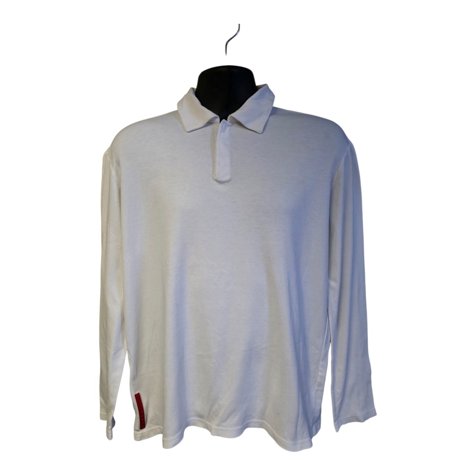 “Prada White LS Stretchable Polo Shirt Red Logo Patch”