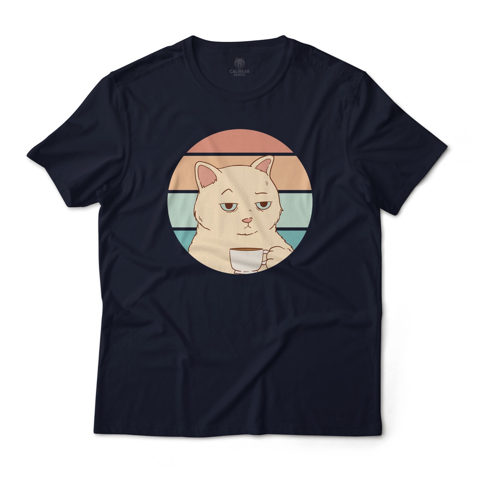 Bored Coffee Cat Face Graphic Art T-Shirt Fine Jersey Lightweight Cotton Unisex