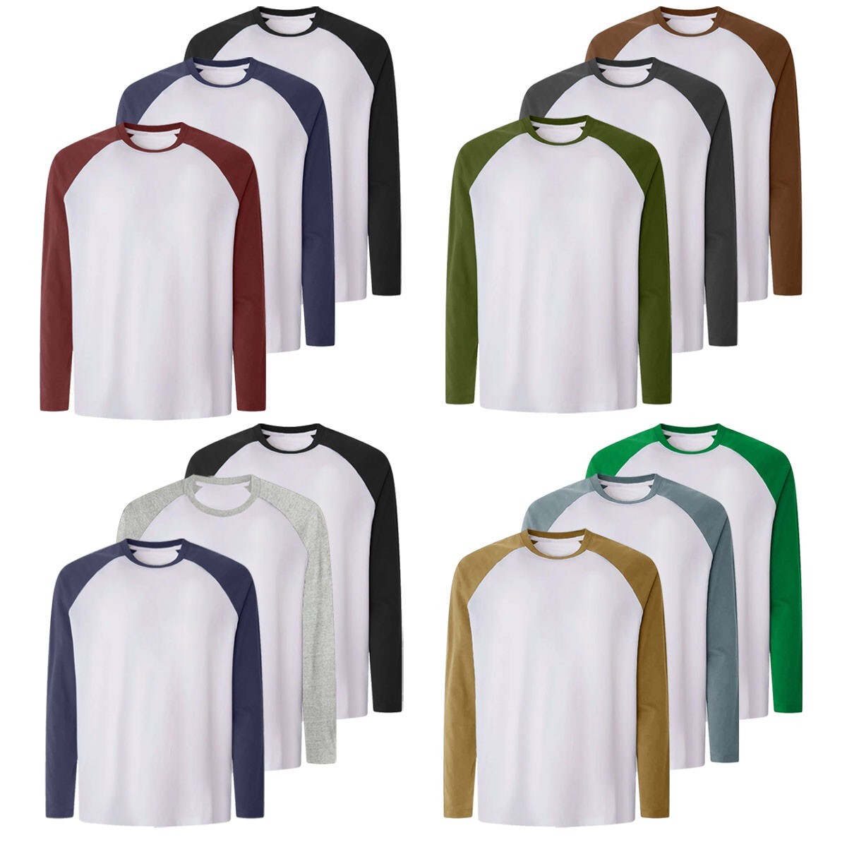 Mens Long Sleeve Baseball T-Shirt Raglan Sleeve Casual Adults Tee Contrast Tops