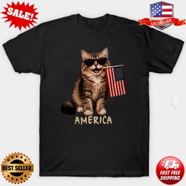 Patriotic Cat Holding US Flag T-Shirt | Retro America Cat Lover T-Shirt, S-5XL