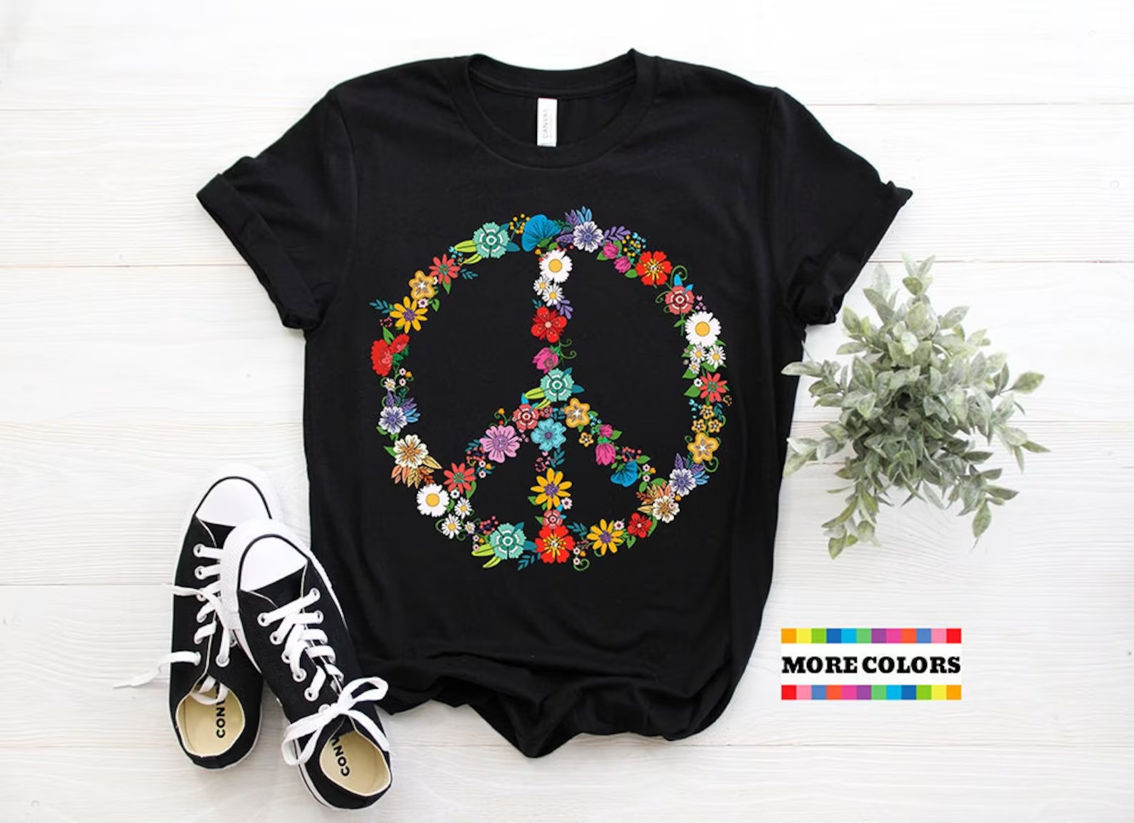 Vintage Hippie Peace Sign T-Shirt 60s 70s Retro Floral Festival Tee Size S-4XL