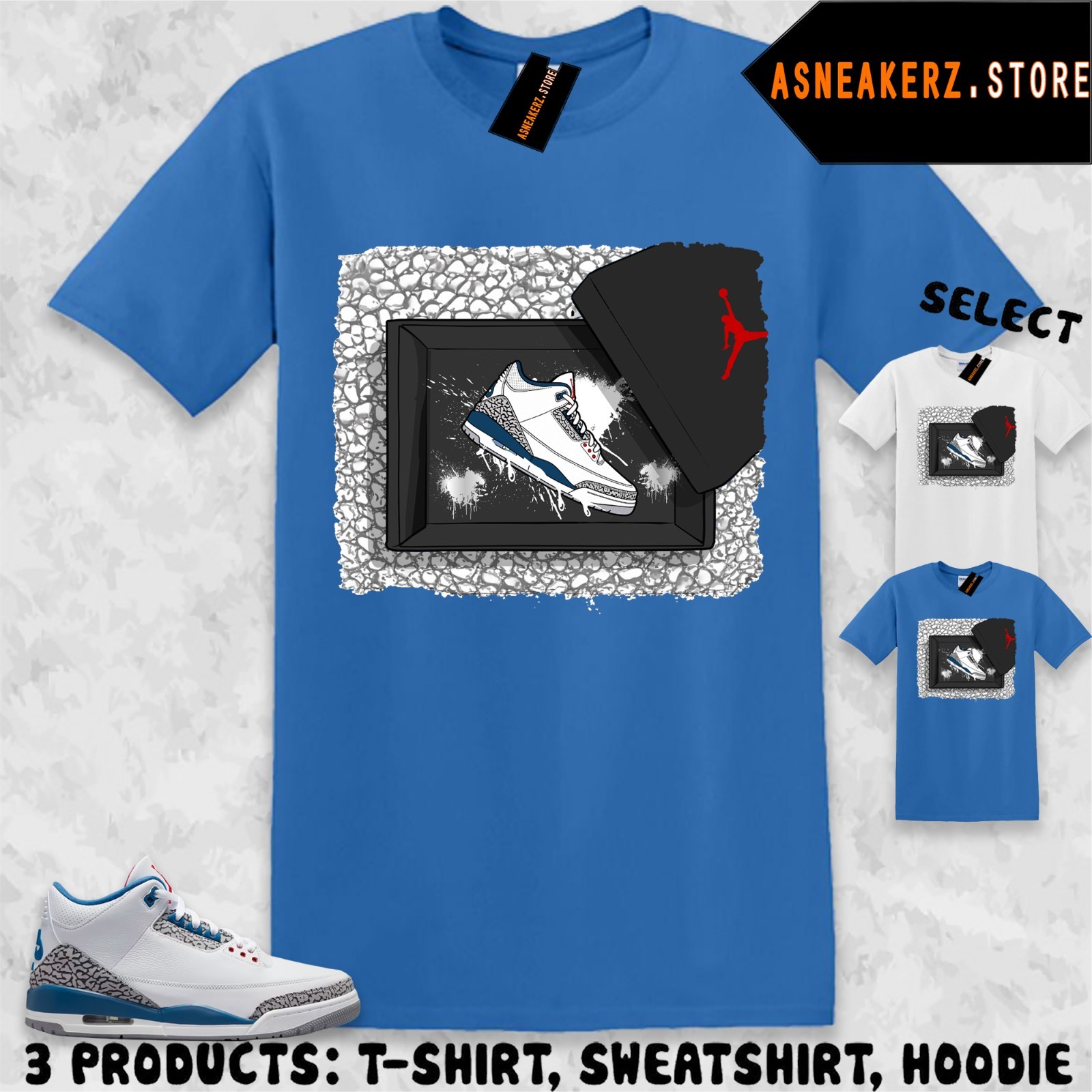 Tee Shirt Matching AJ 3 OG True Blue 2026 To Match Sneaker Shoebox T-Shirt