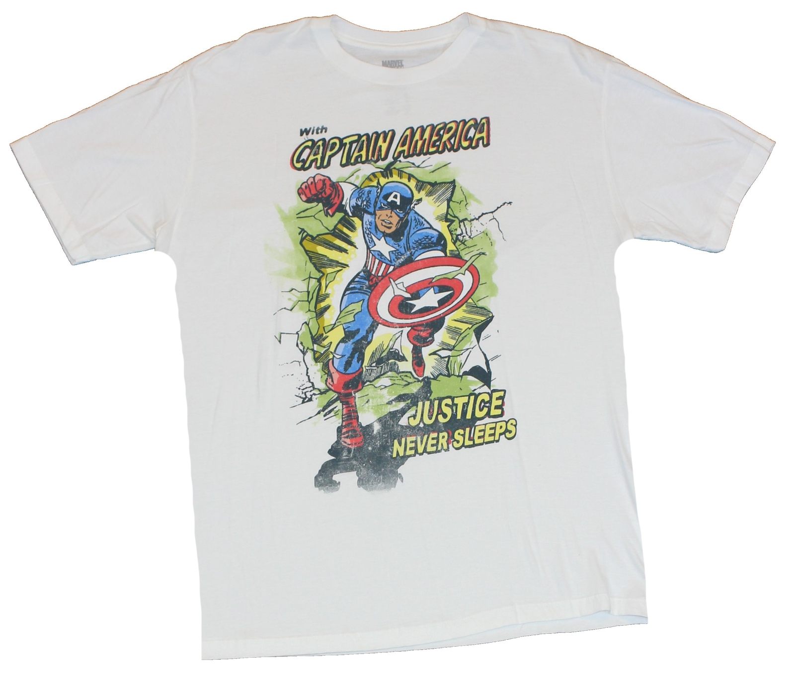 Captain America Marvel Comics Adult New T-Shirt – Justice Never Sleeps Kirby Cap