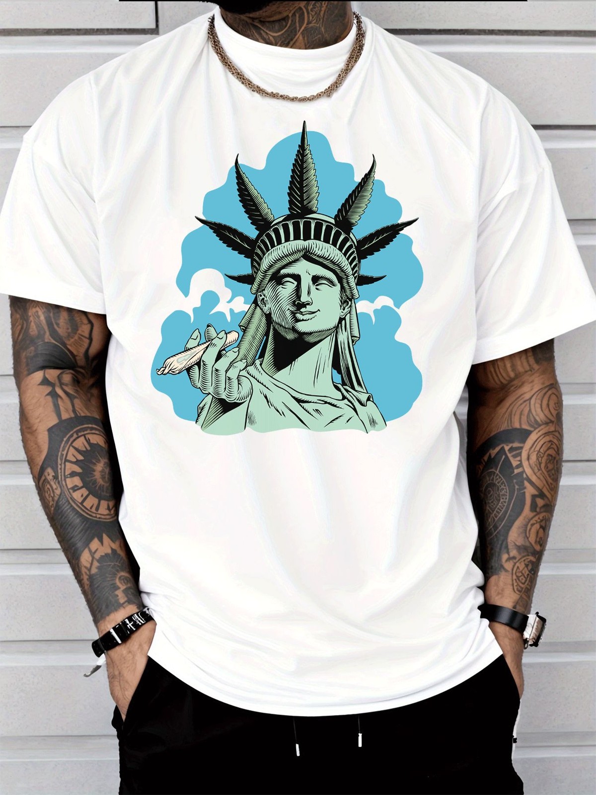 Casual Street Style Statue of Liberty with Leaf Crown and Joint Graphic Fashion