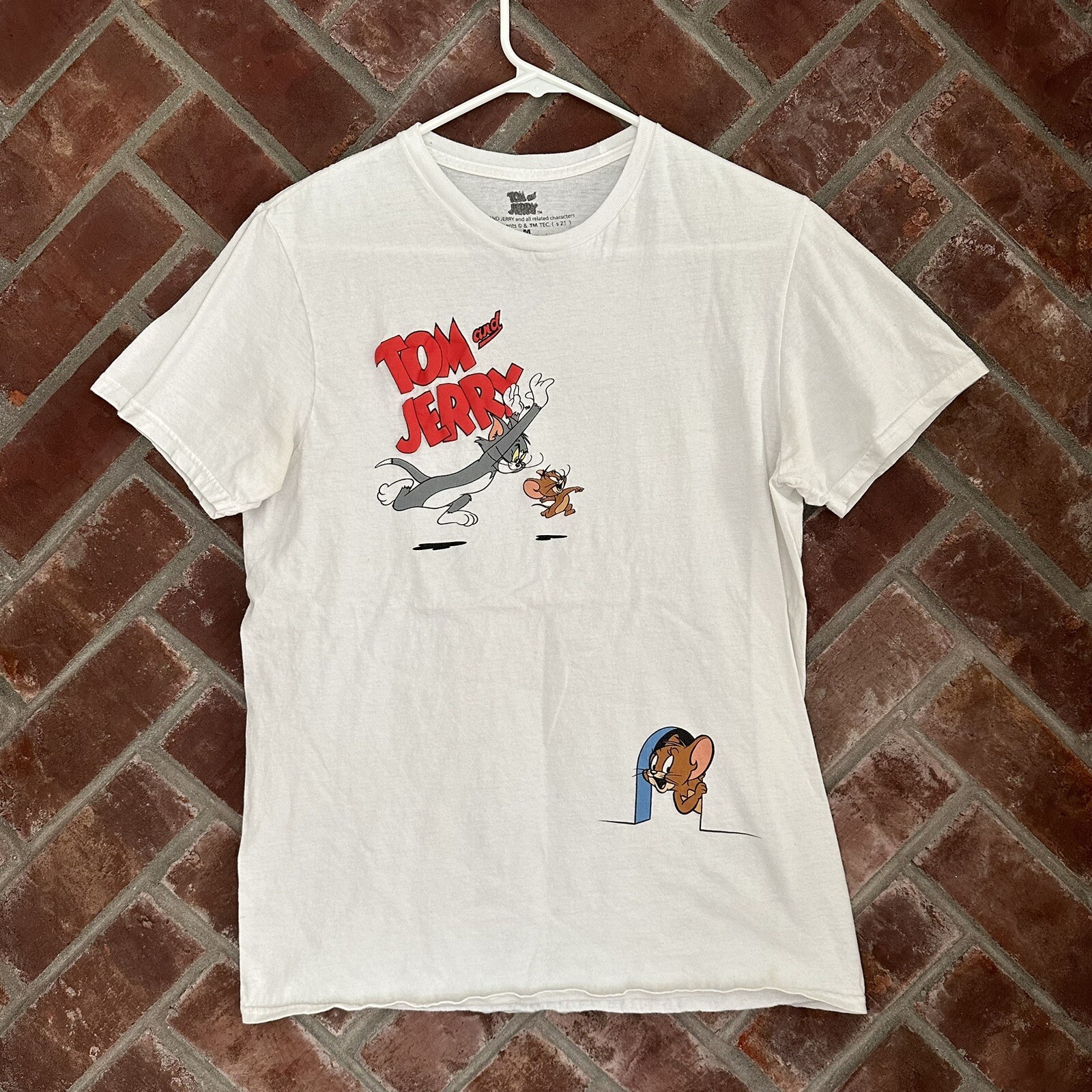 Tom and Jerry T Shirt Two Sided Hanna Barbera Size Medium White Graphic Puff Ink