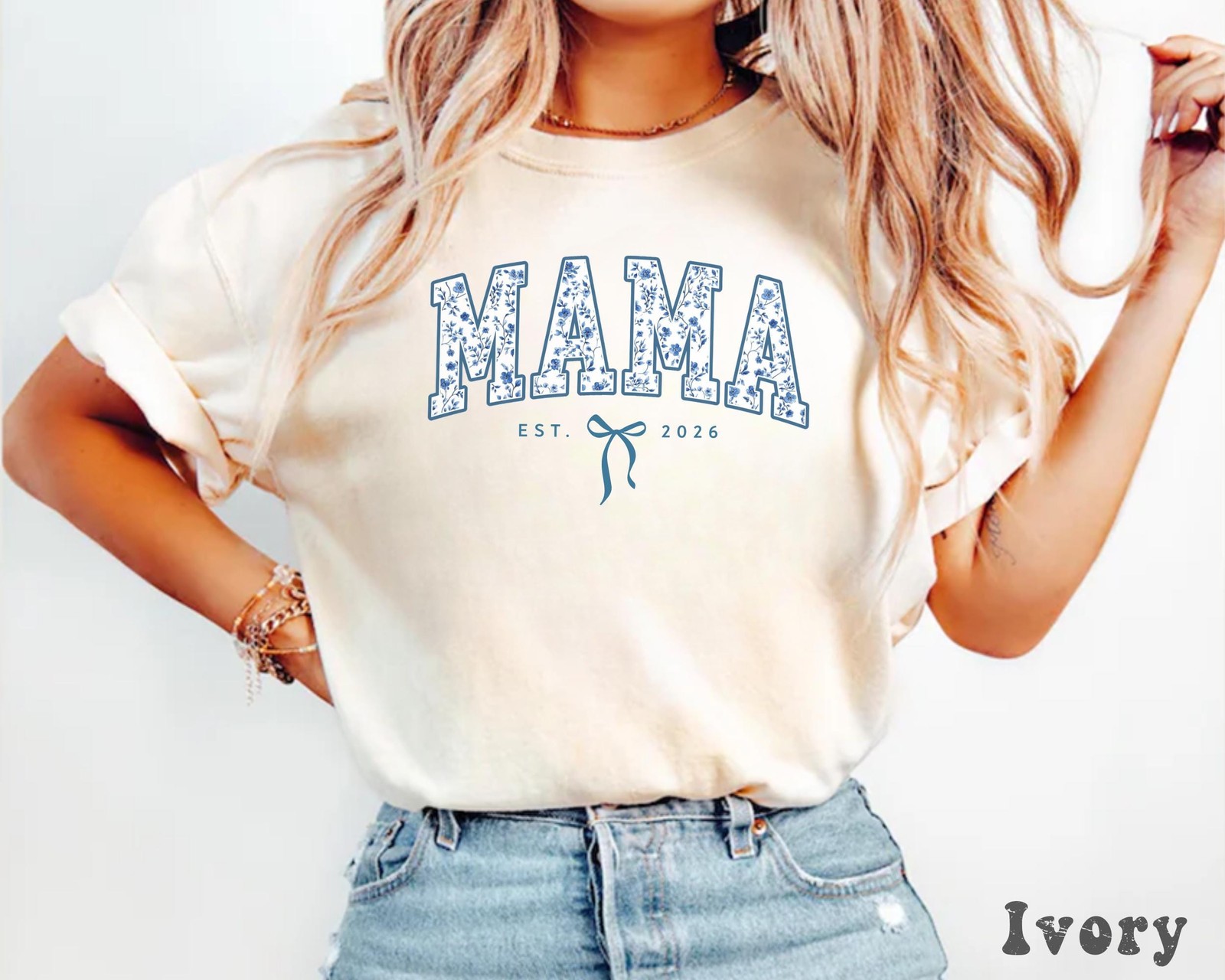Personalized Mama Shirt, Retro Blue Toile Floral Est 2026 Mom Tee