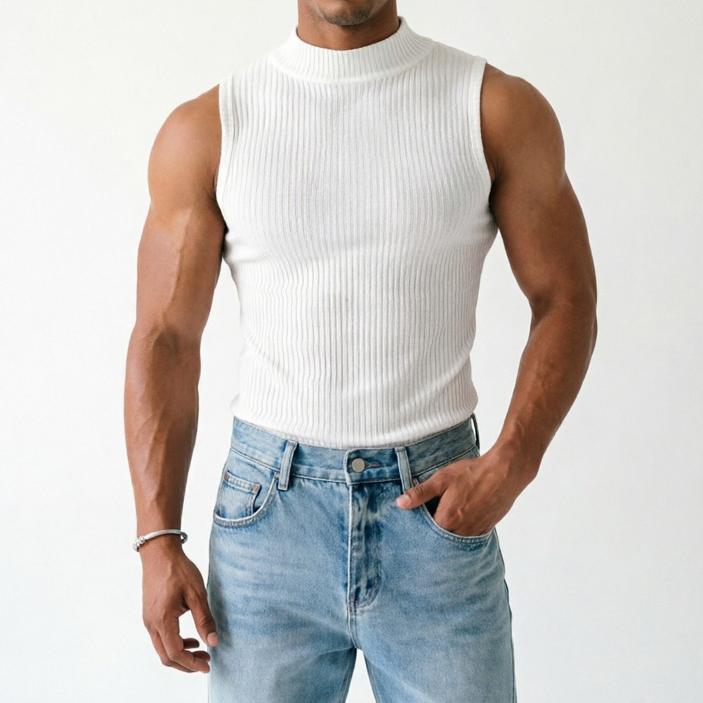 Men Ribbed Sleeveless Tank Top with Half Turtleneck Neckline Casual Vest
