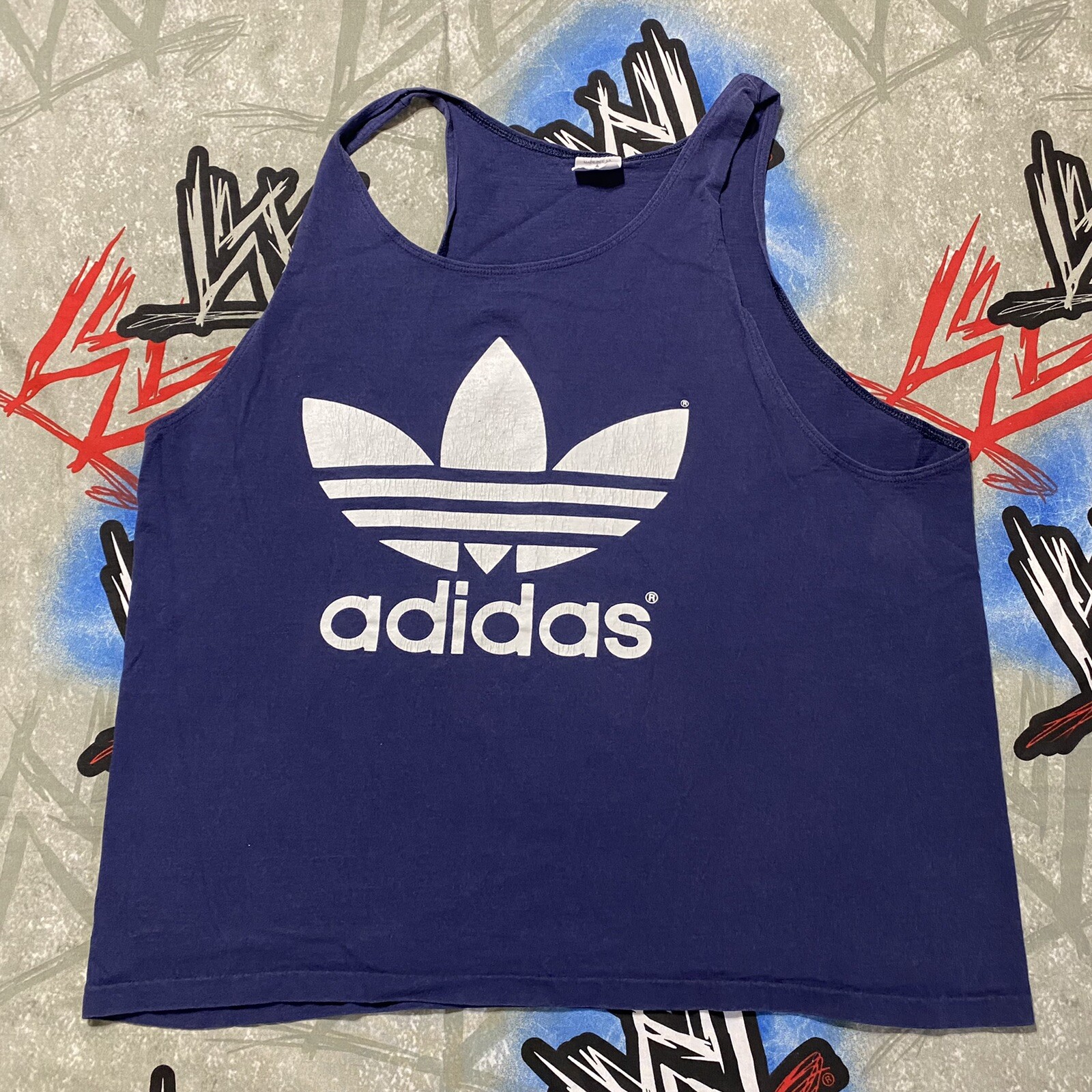 Adidas Spell-Out Tre-Foil Single Stitch Blue Tank-Top XL Size (46-48)