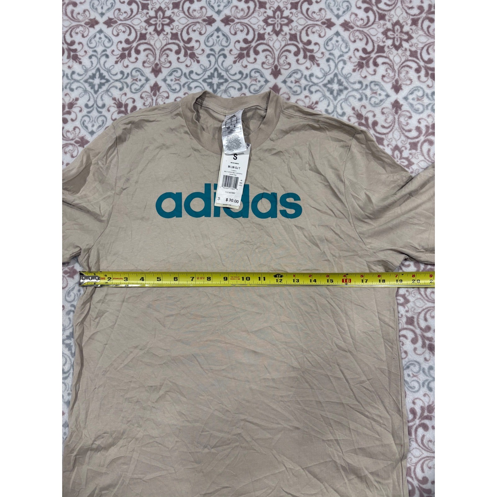 Adidas Mens Essentials Linear Logo T-Shirt Wonder Beige Teal IJ8652 Size S NEW