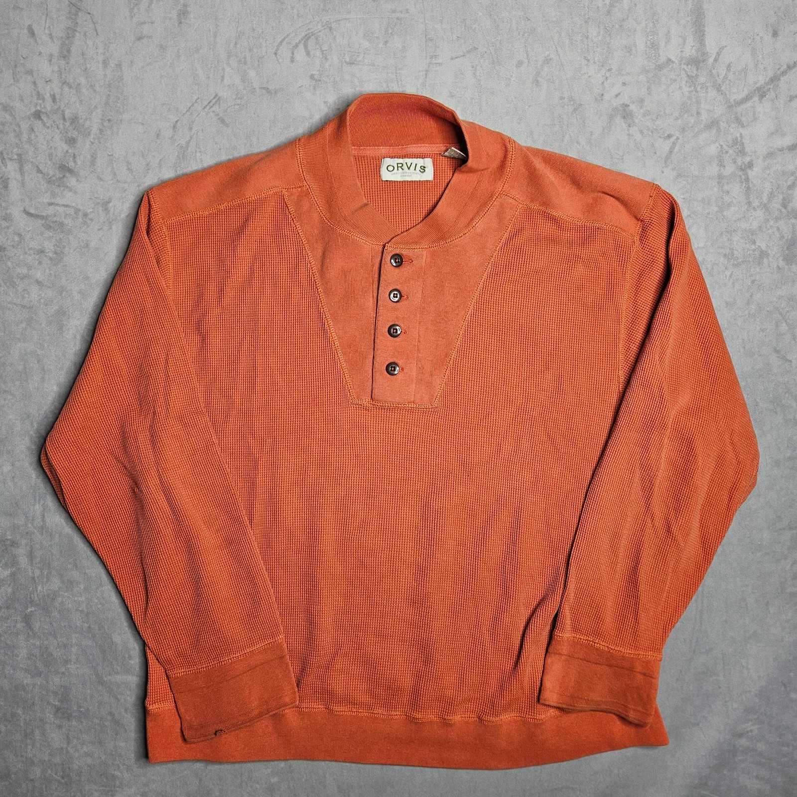 Orvis Shirt Mens XL Orange Henley Waffle Knit Thermal Casual Outdoor Fall