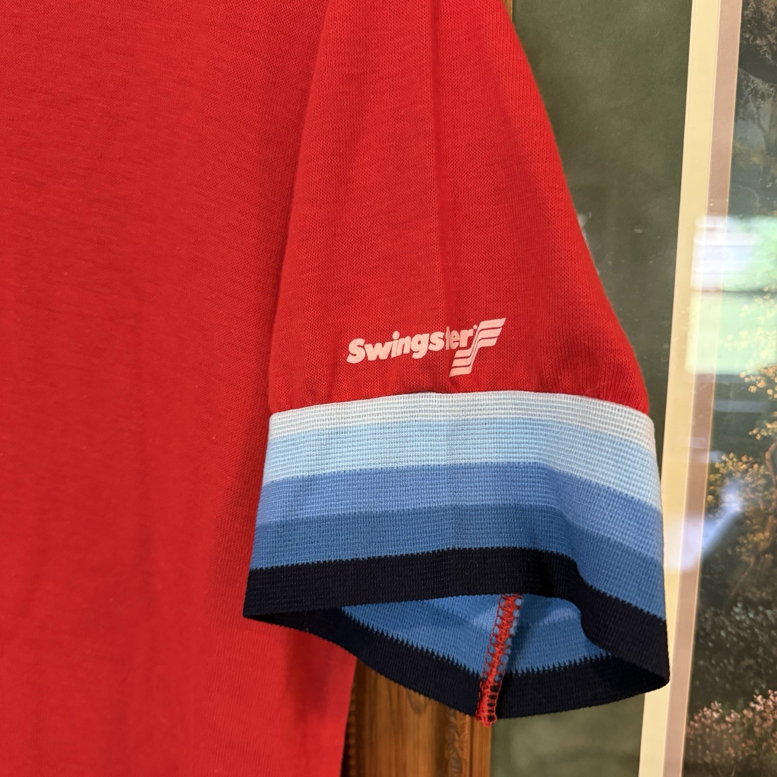 Vintage 70s RARE Swingster Solid/Striped Sleeves V-Neck Unisex Shirt Size Medium