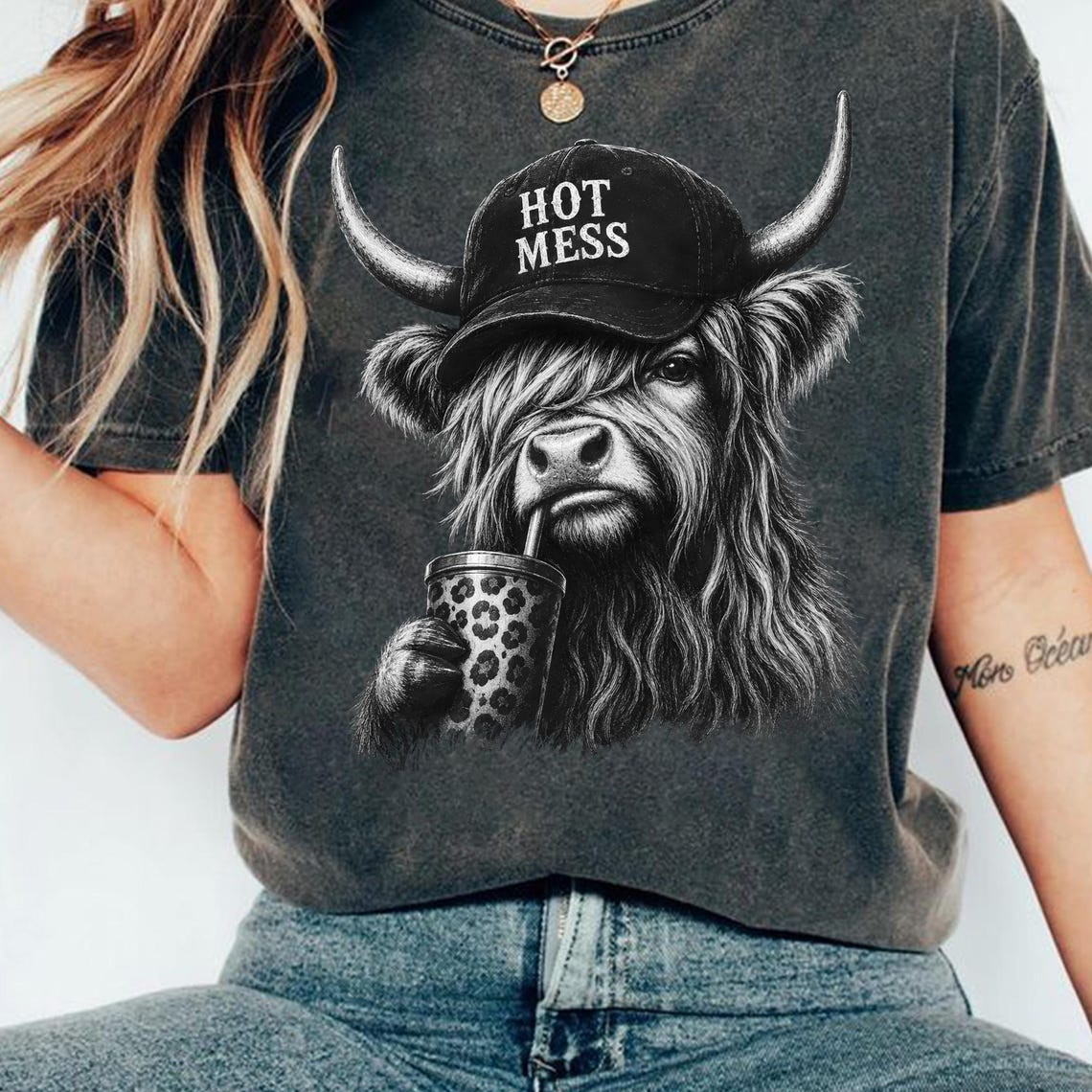 Hot Mess Highland Cow Funny Coffee Lover Graphic T-Shirt
