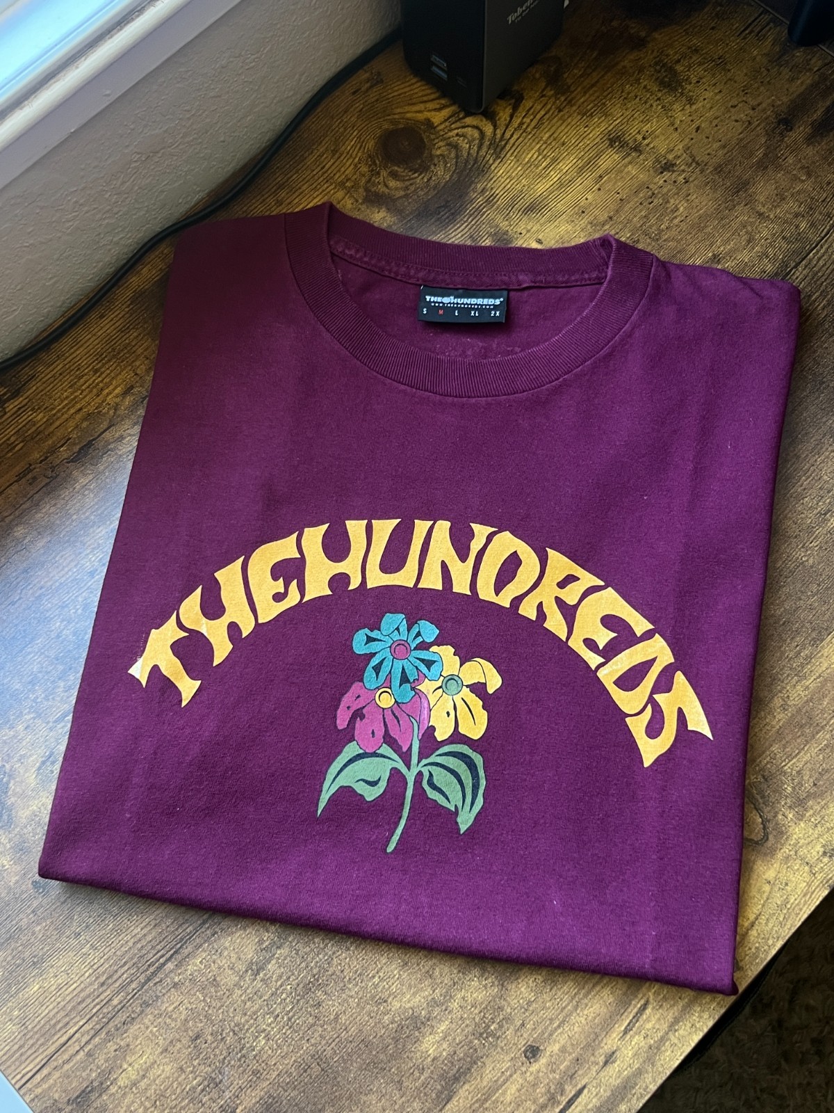 The Hundreds Font Logo Red Yellow Blue Flowers Burgundy Shirt – Size M