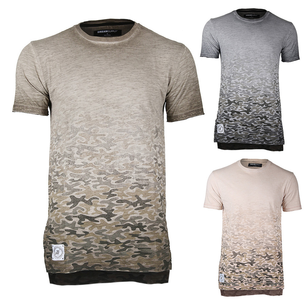 ZIMEGO Mens Short Sleeve Camouflage Longline Hipster Side Slit Oil Wash T-shirts