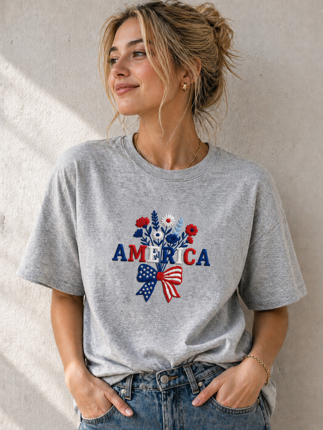 250th Anniversary USA Embroidered Tee, Floral Patriotic T-Shirt Vintage Style