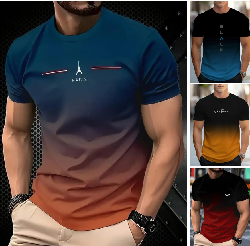 Men’s Vintage Gradient Print Casual Tee Shirt Breathable Polyester O-Neck