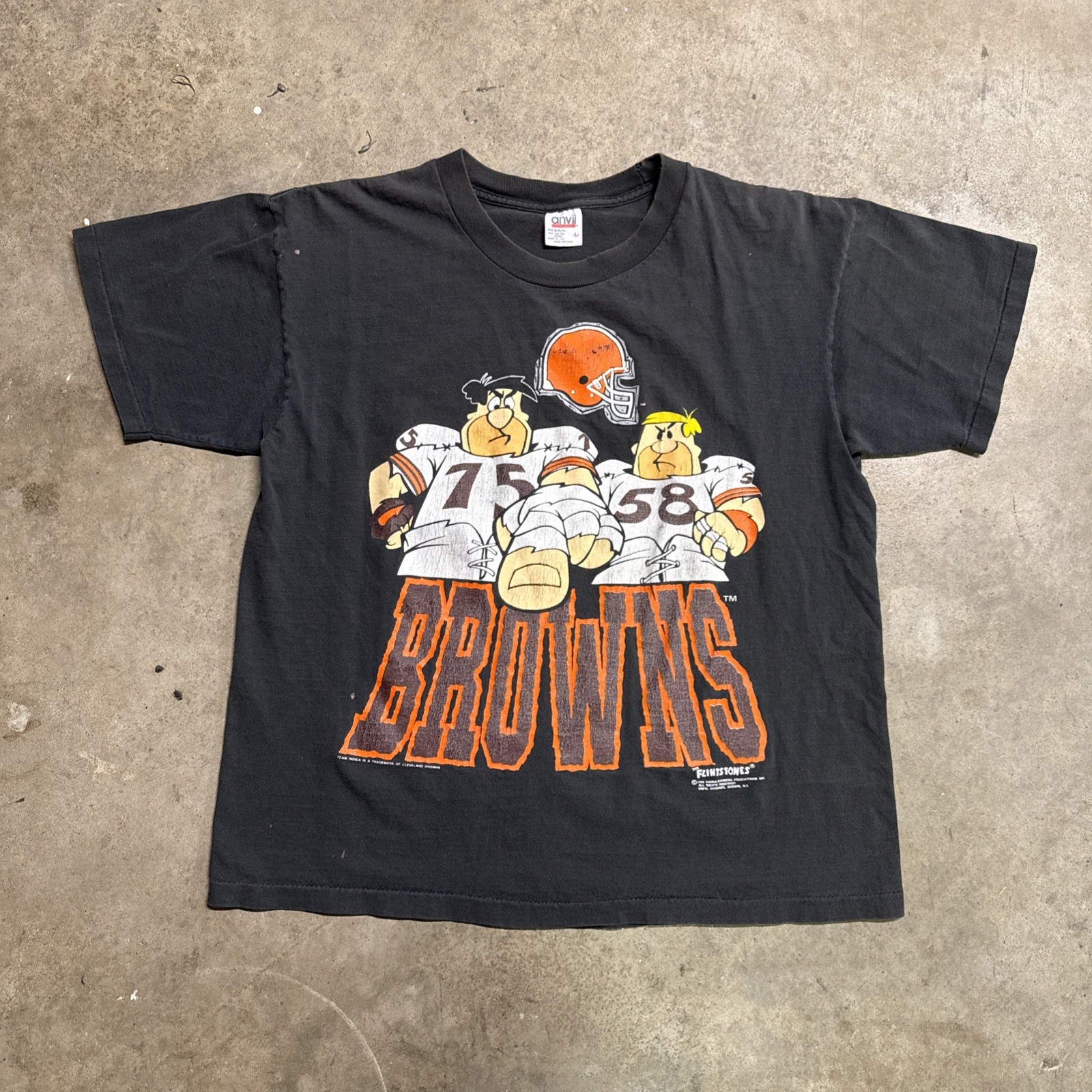 Vintage Cleveland Browns Shirt Mens Large Black 90s Flintstones NFL Cartoon RARE