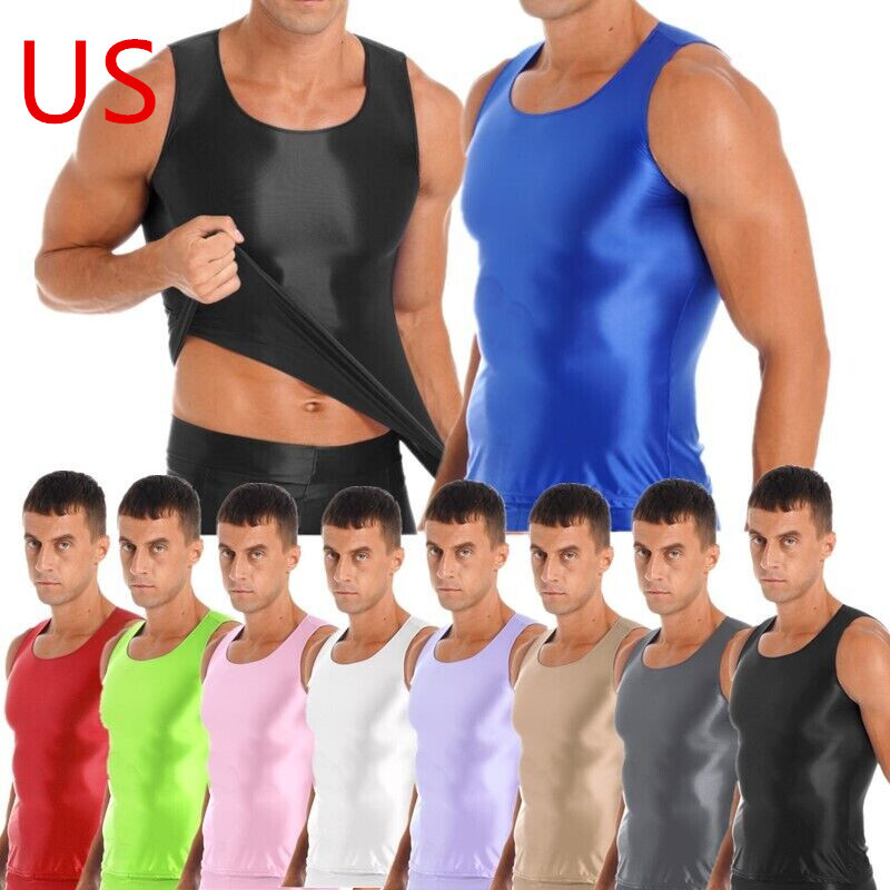 Men Smooth Glossy Sport Tank Top Gym Fitness Workout Crop Top Shirt Activewear