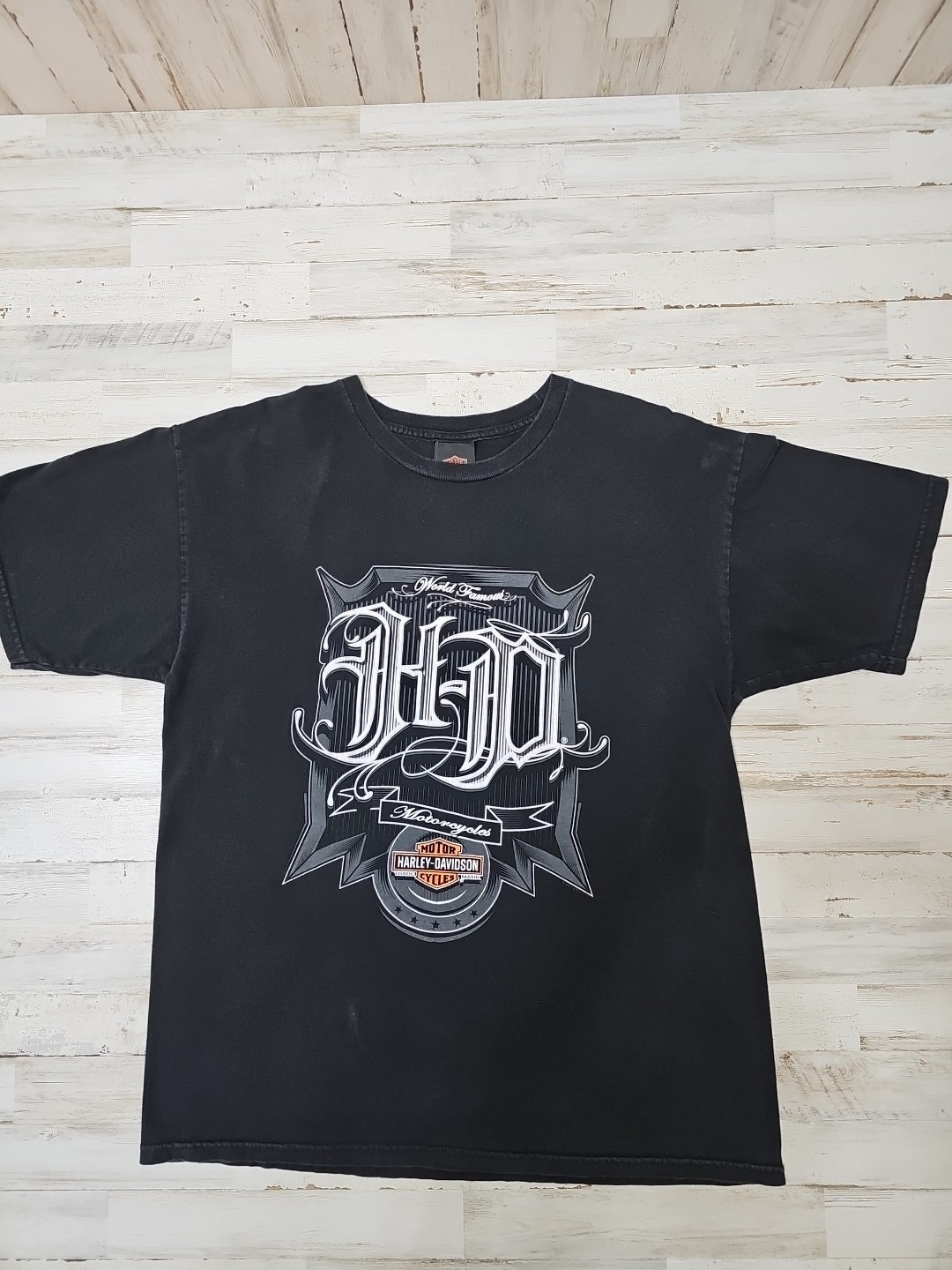 Harley Davidson Old english T-shirt World Famous Sz Large Biker Victoria Texas