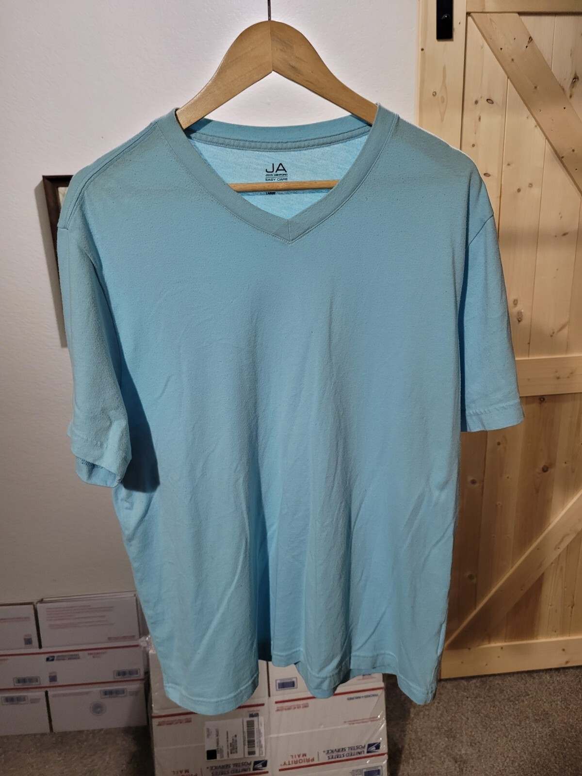 John Ashford T-Shirt Men’s Large Teal Blue Easy Care V-Neck Short Sleeve