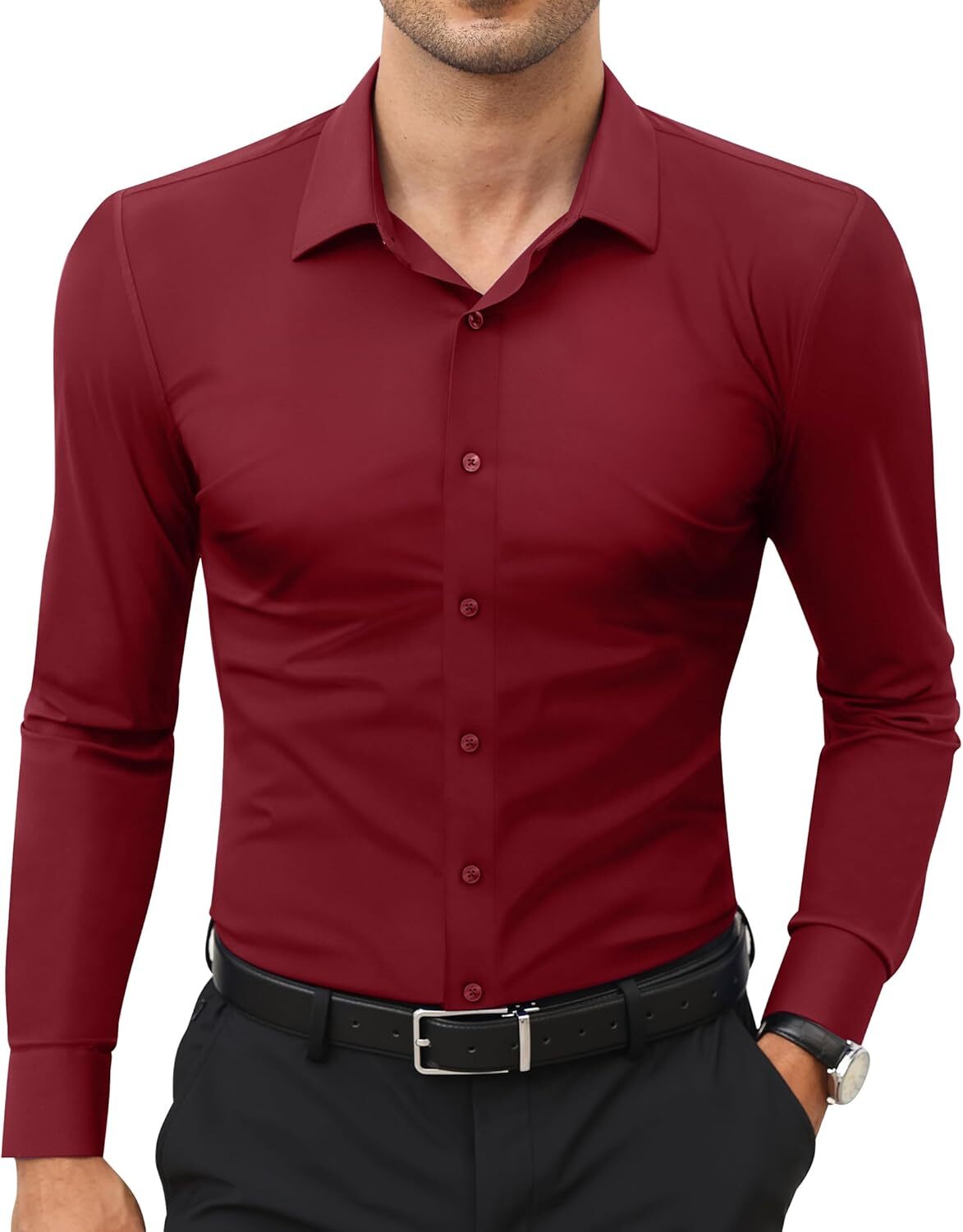 Stretch Slim Fit Wrinkle Free Long Sleeve Dress Shirt for Men Button Down