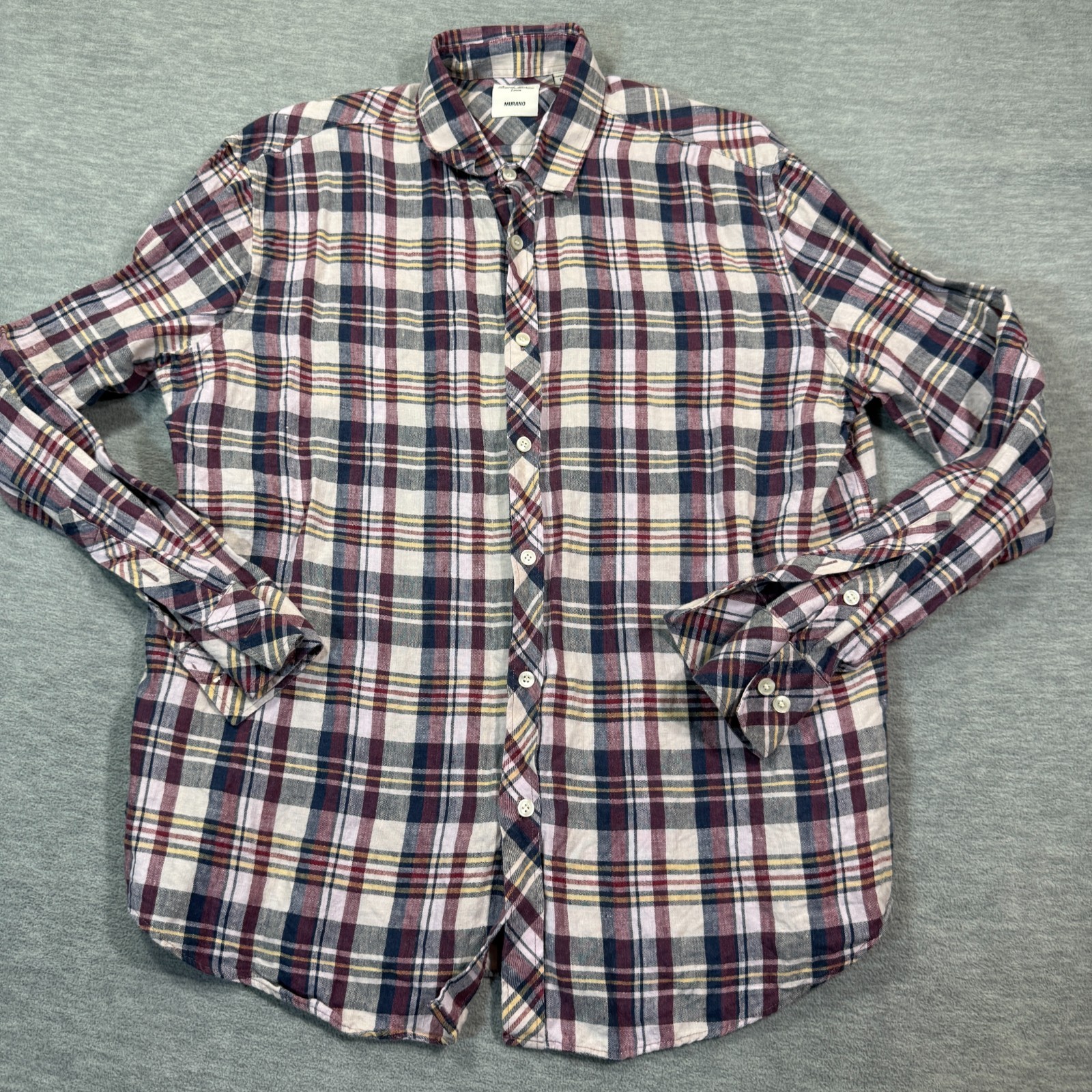 Murano Shirt Men L Plaid Multicolor Linen Button Front Baird McNutt Casual