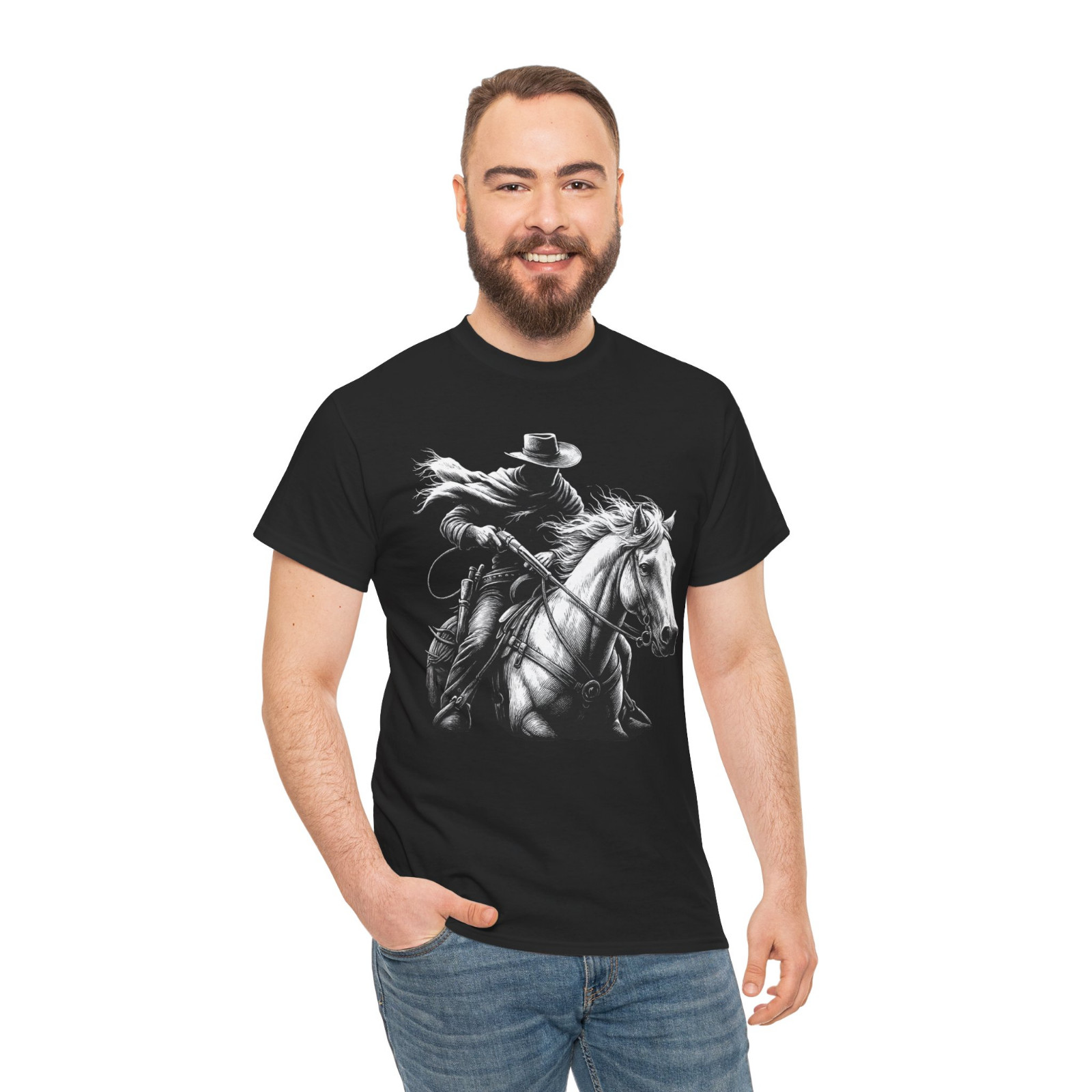 Dark Western Cowboy Outlaw on Horse Black Graphic T-Shirt