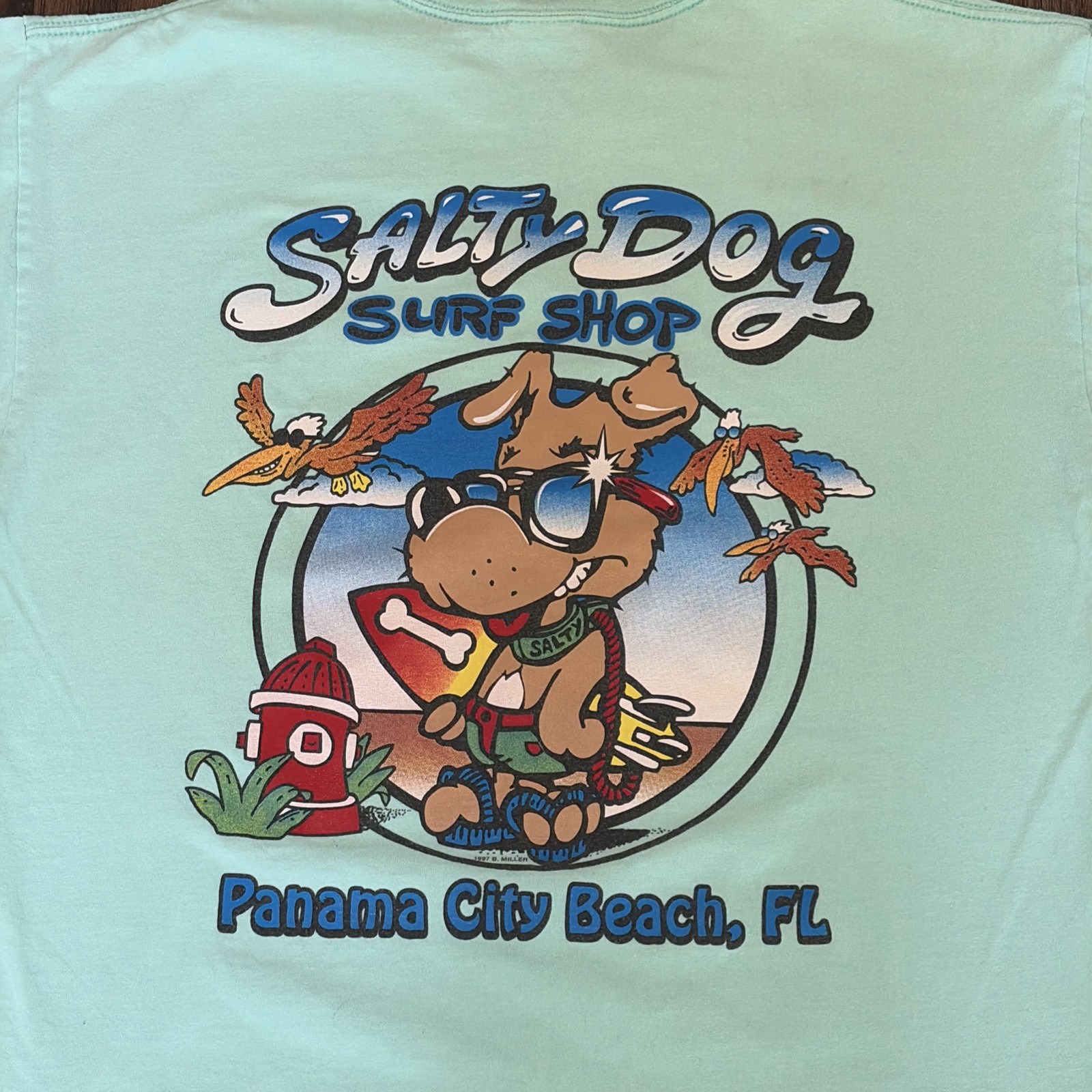 90s Y2K Vintage Salty Dog T-Shirt Turquoise Size Large Mens Panama City Anvil