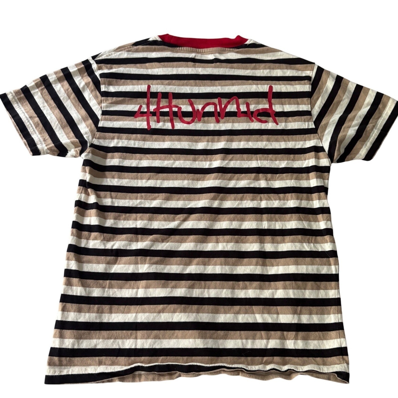 4Hunnid Ringer T-Shirt Mens Medium Striped Tan Black Red Streetwear Skate Tee