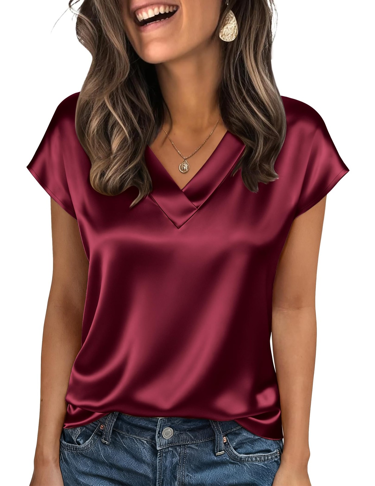 Women’s Short Sleeve Satin Shirts Dressy Casual Tops Trendy Silk Blouses Cute…