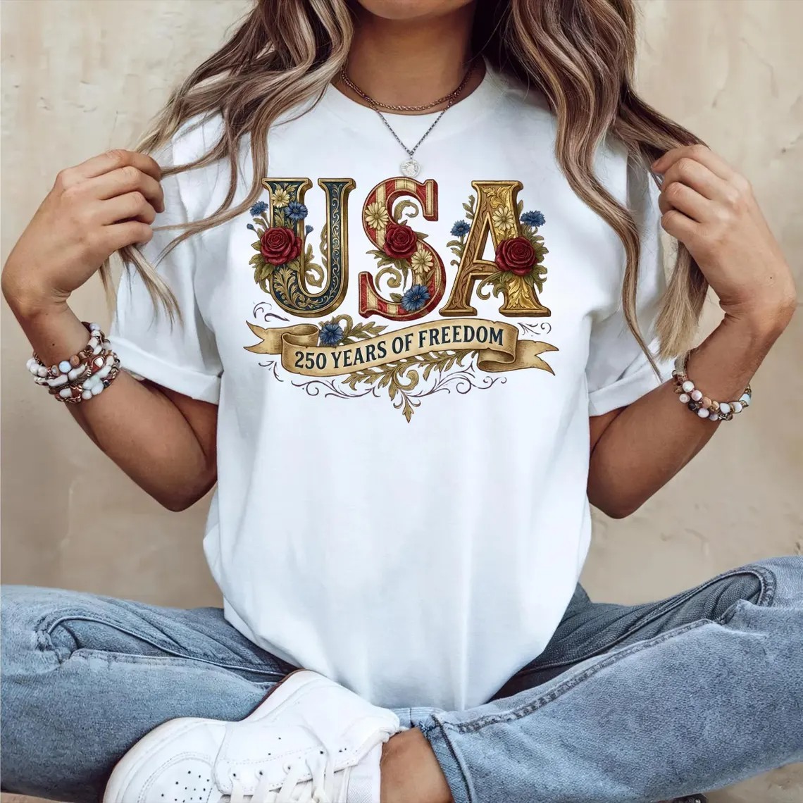 Retro USA 250 Shirt: Floral Patriotic Tshirt Independence Day Celebration