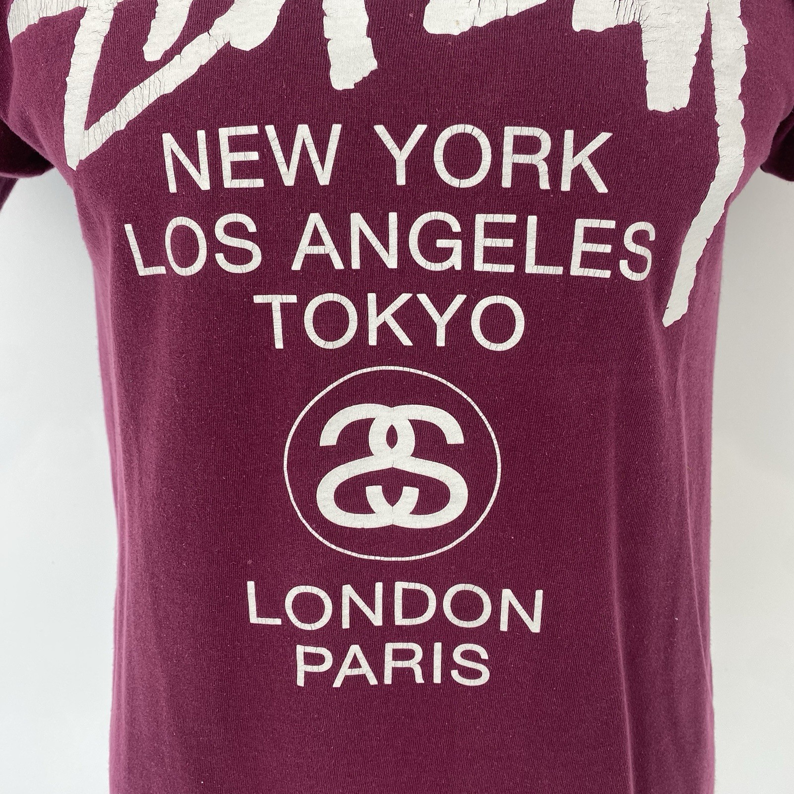 Stussy World Tour T Shirt Wine Red Medium Men’s Crew Neck Tee Spellout