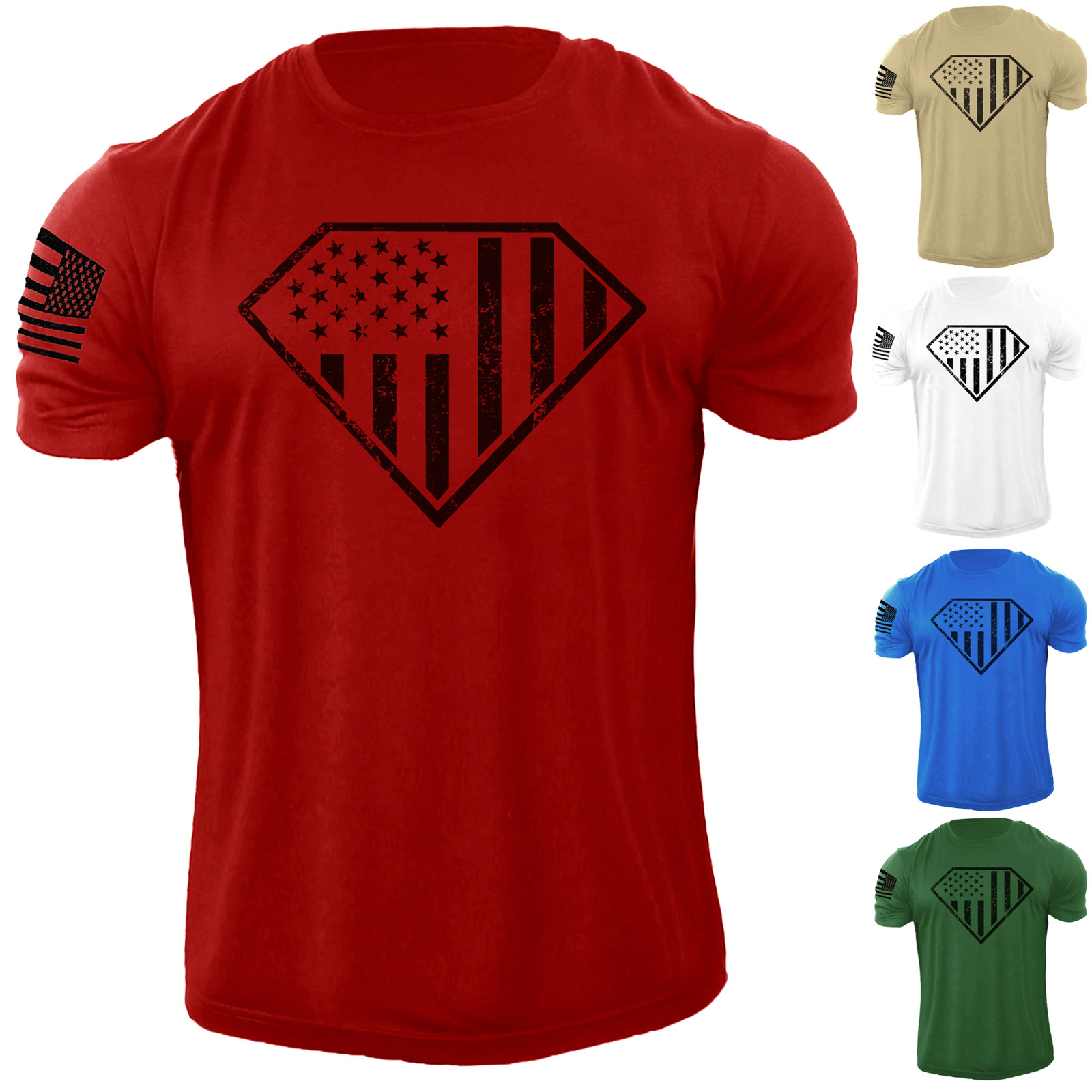 Men’s USA Diamond Flag Distressed American T Shirt Patriotic 100% Cotton Tee