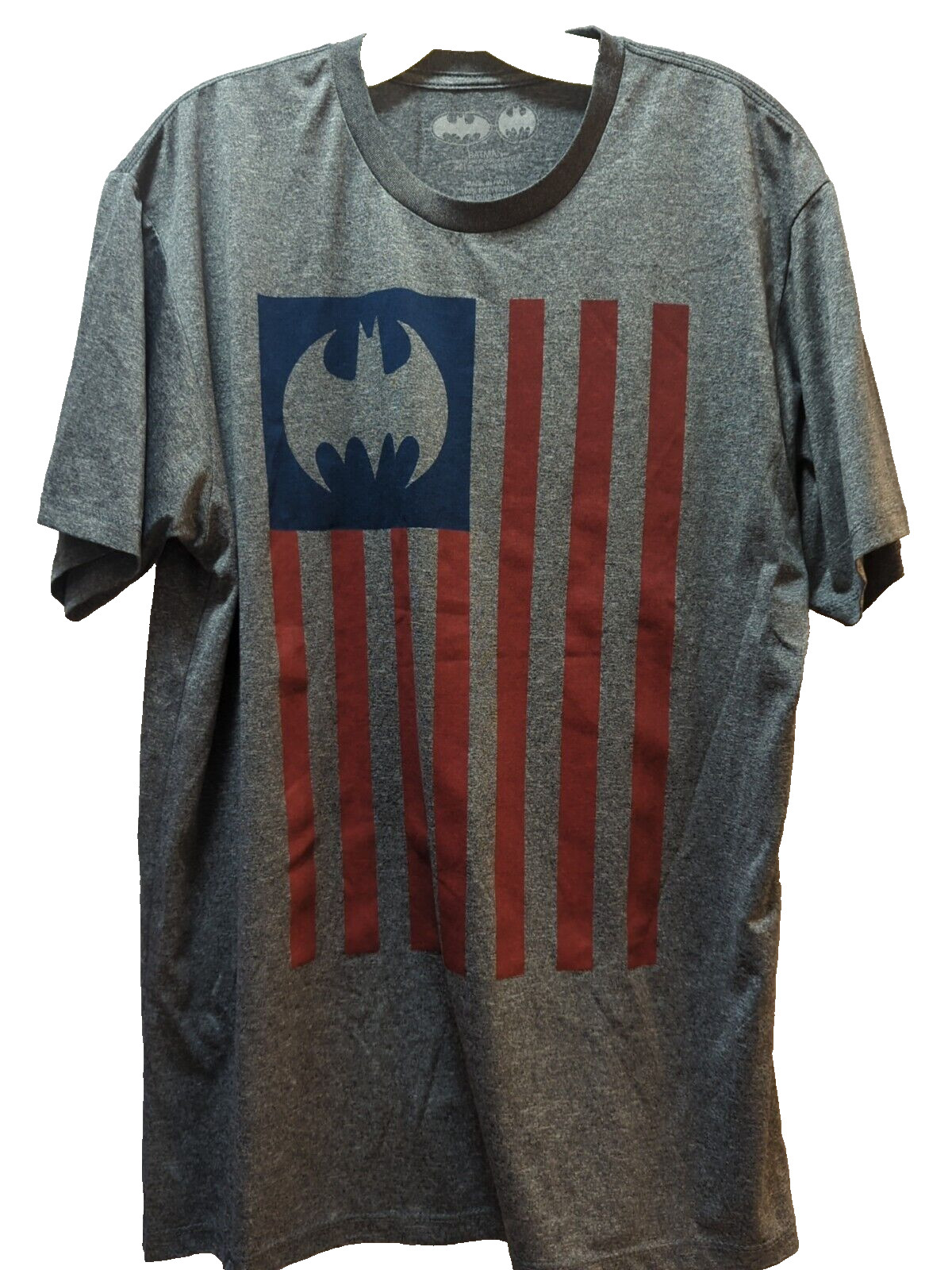 Batman men’s large L heathered gray blue red flag t-shirt polyester