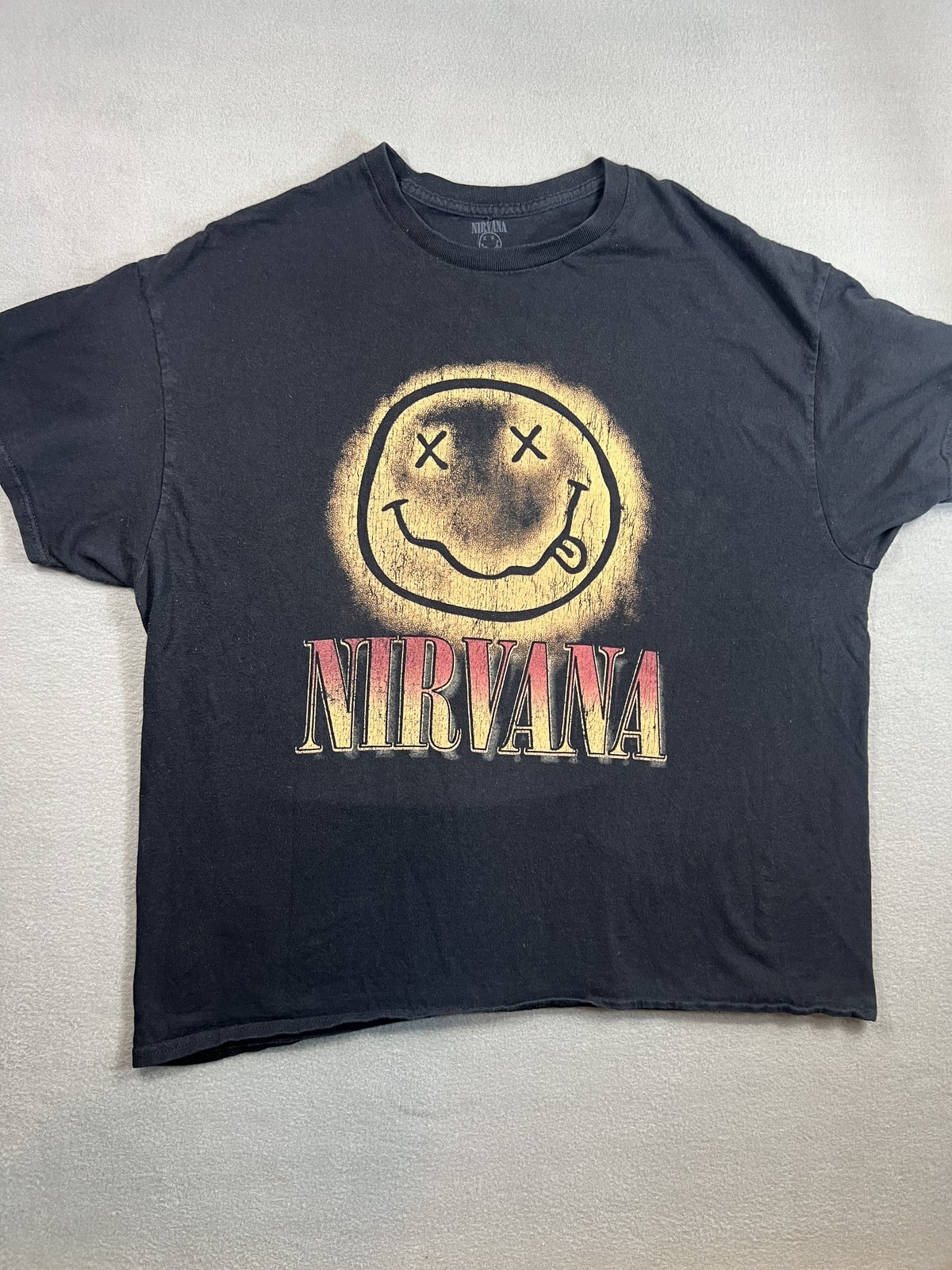 Nirvana Smiley Face Distressed T-Shirt Black XL Men 100% Cotton Grunge Style