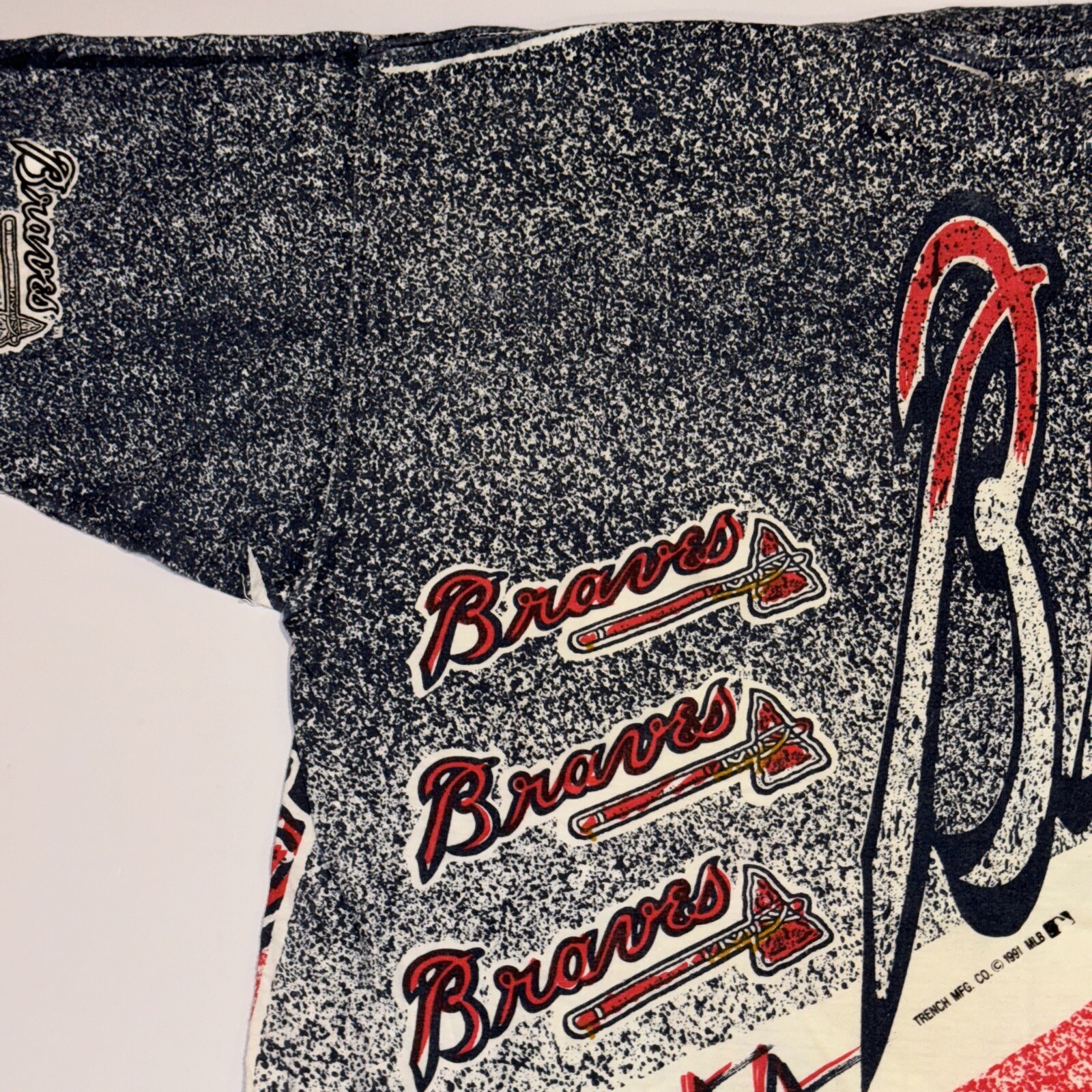 Vintage ATLANTA BRAVES All Over Print Shirt Adult Large MLB 1991 White Red Blue