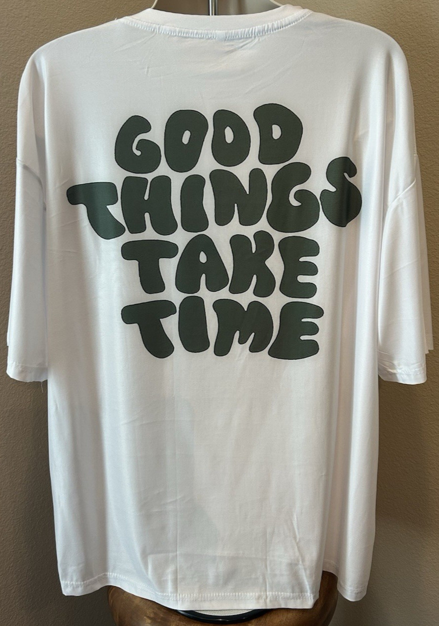 Brooklyn Vertical Men’s XL White Gym T-Shirt Good Things Take Time