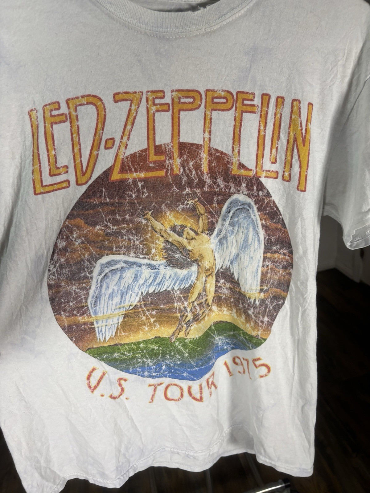 Led Zeppelin U.S. Tour 1975 Graphic Logo Unisex White Crew Neck Tee S/M