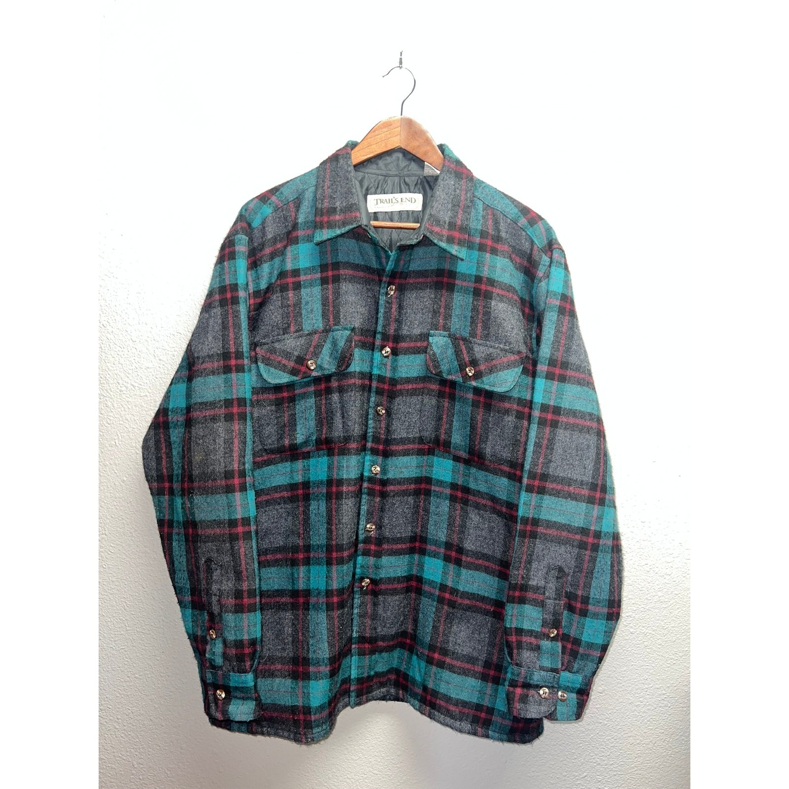 Vintage Trail’s End Flannel Shirt Quilted Lined Plaid Teal Gray Western VTG L