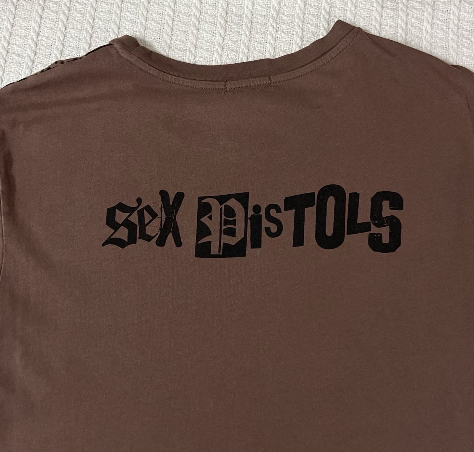 H&M Sex Pistols Anarchy in the UK Shirt LG 21” X 29” Brown Distressed